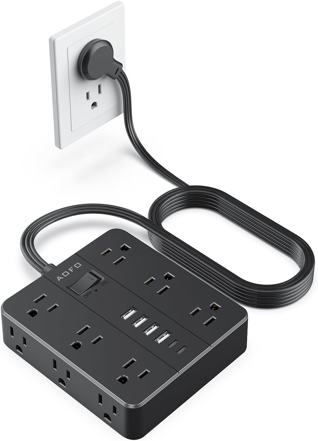 10FT Surge Protector Power Strip,12 AC Outlets with 6 USB Ports (2 USB-C), Flat Plug Extension Cord with Multiple Outlets, Wall Mount for Home Office,Dorm,Black