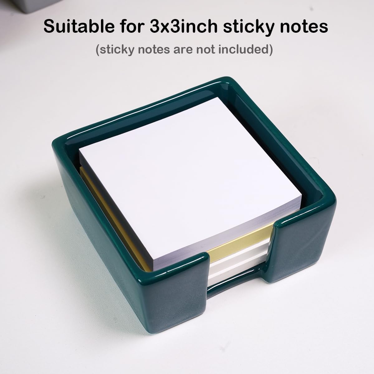 Ceramic Sticky Note Holder, 3 x 3" Sticky Note Dispenser, Notepad Holder for Desk, Office Essentials Organizer (Green)