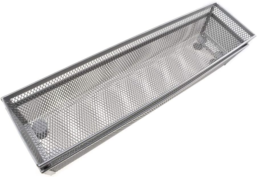 HAHIYO Stackable Mesh Tray Cup 12 x 3 x 2 inches Sturdy Container for Desk Drawer Organizer Collection for Home Office School kitchen Soft Foam Feet No Sharp Edges 2 Pack Silver