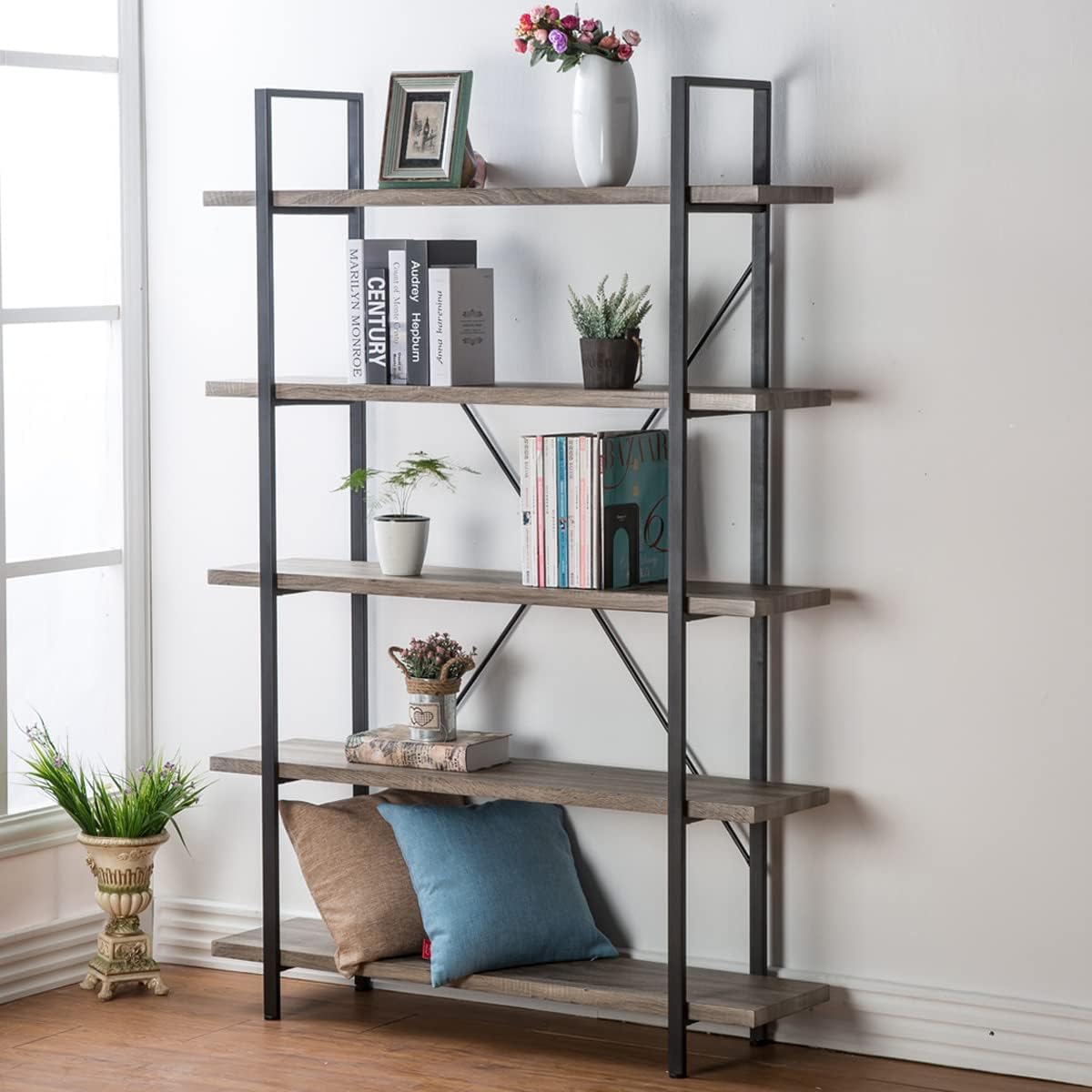 HSH 5-Shelf Vintage Industrial Rustic Bookshelf, 5 Tier Wood and Metal Bookcase, Open Etagere Book Shelf, Farmhouse Wooden Bookshelves, Light Grey Oak