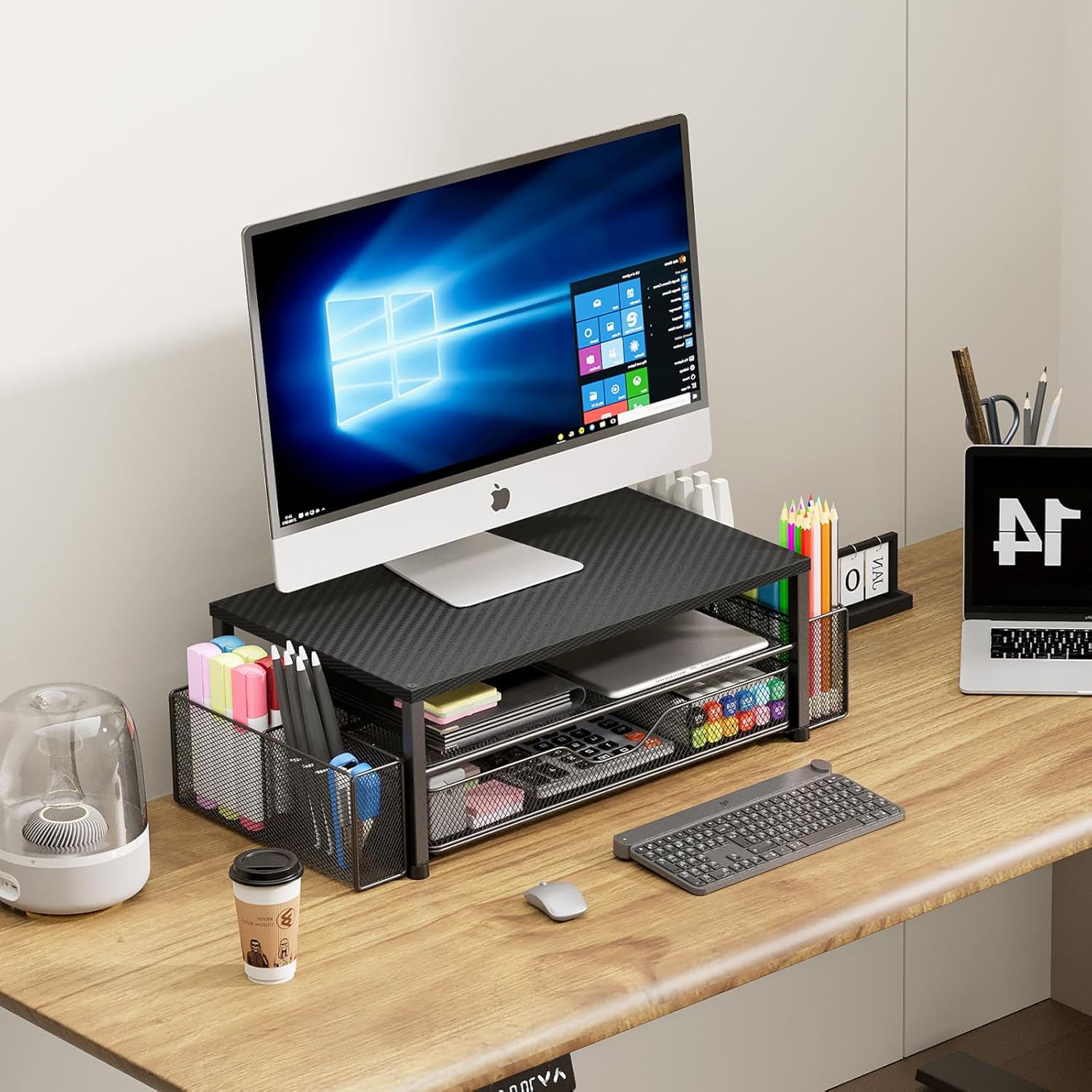 Desk Organizer and Accessories, 2-Tier Computer Monitor Stand with Drawer and 2 Pen Holders, Laptop Stand, Office Desk Accessories for Office Supplies, Carbon Fiber