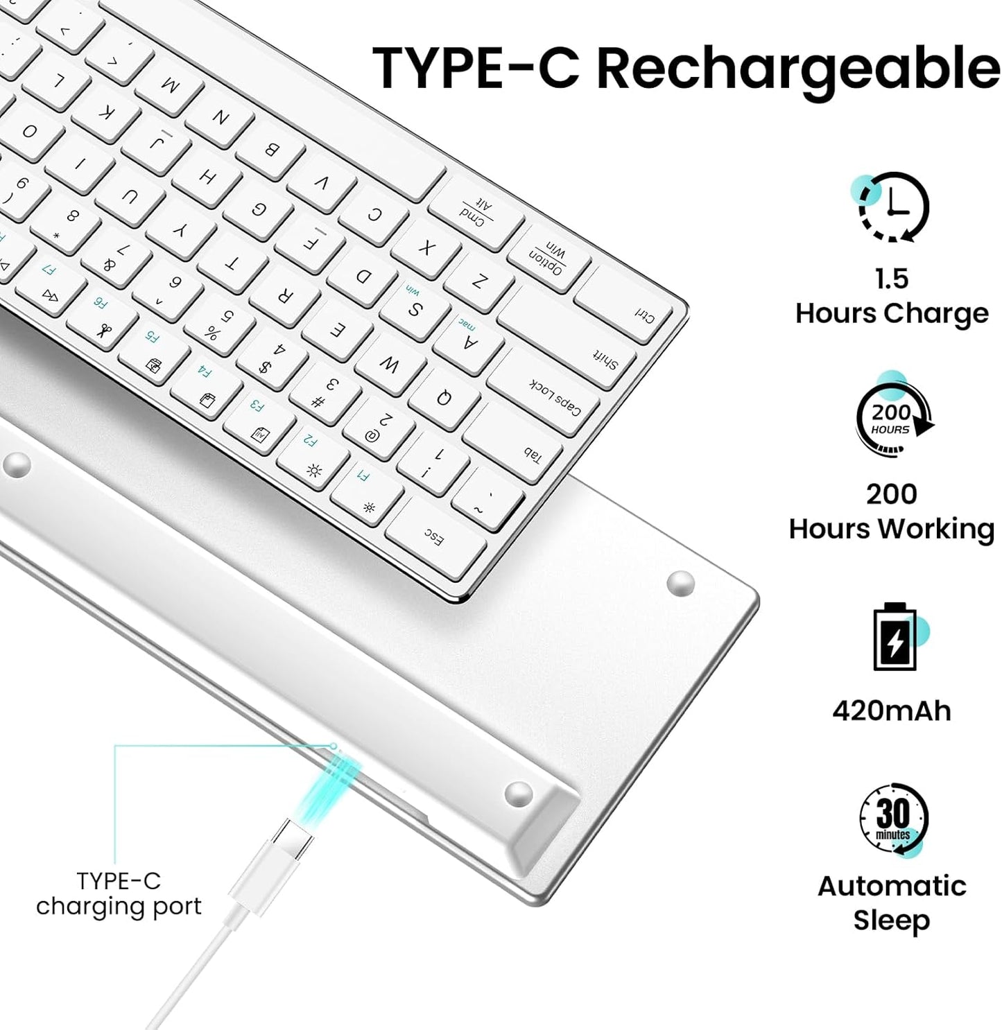 2.4G Wireless and Bluetooth Keyboard with Numeric Keypad, Multi-Device, Rechargeable, Compatible with Mac, Windows (White)