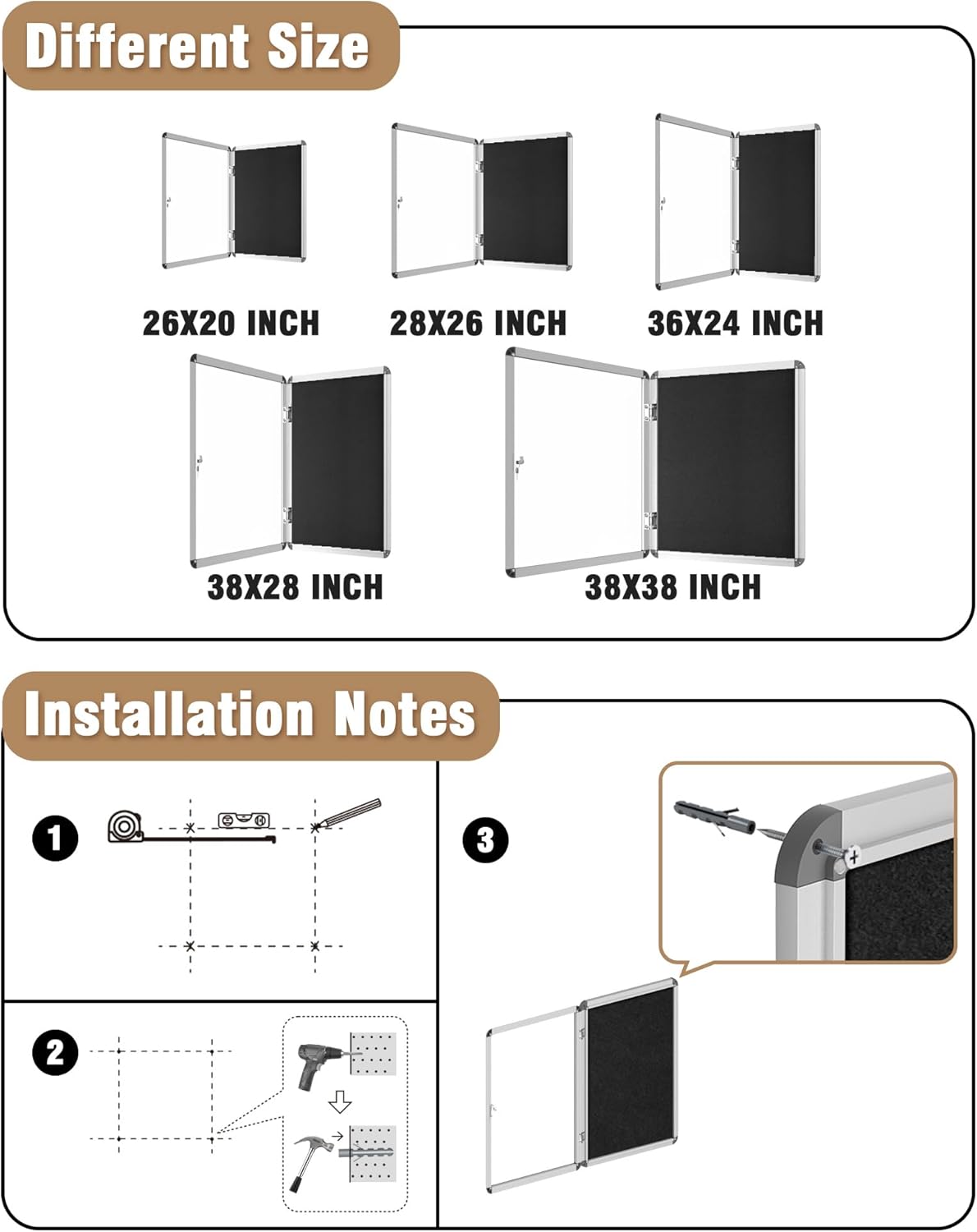 38"x38" Enclosed Bulletin Board, Lockable Weather-Resistant Aluminum Cork Noticeboard for School & Office, Silver Frame w/Black Flet