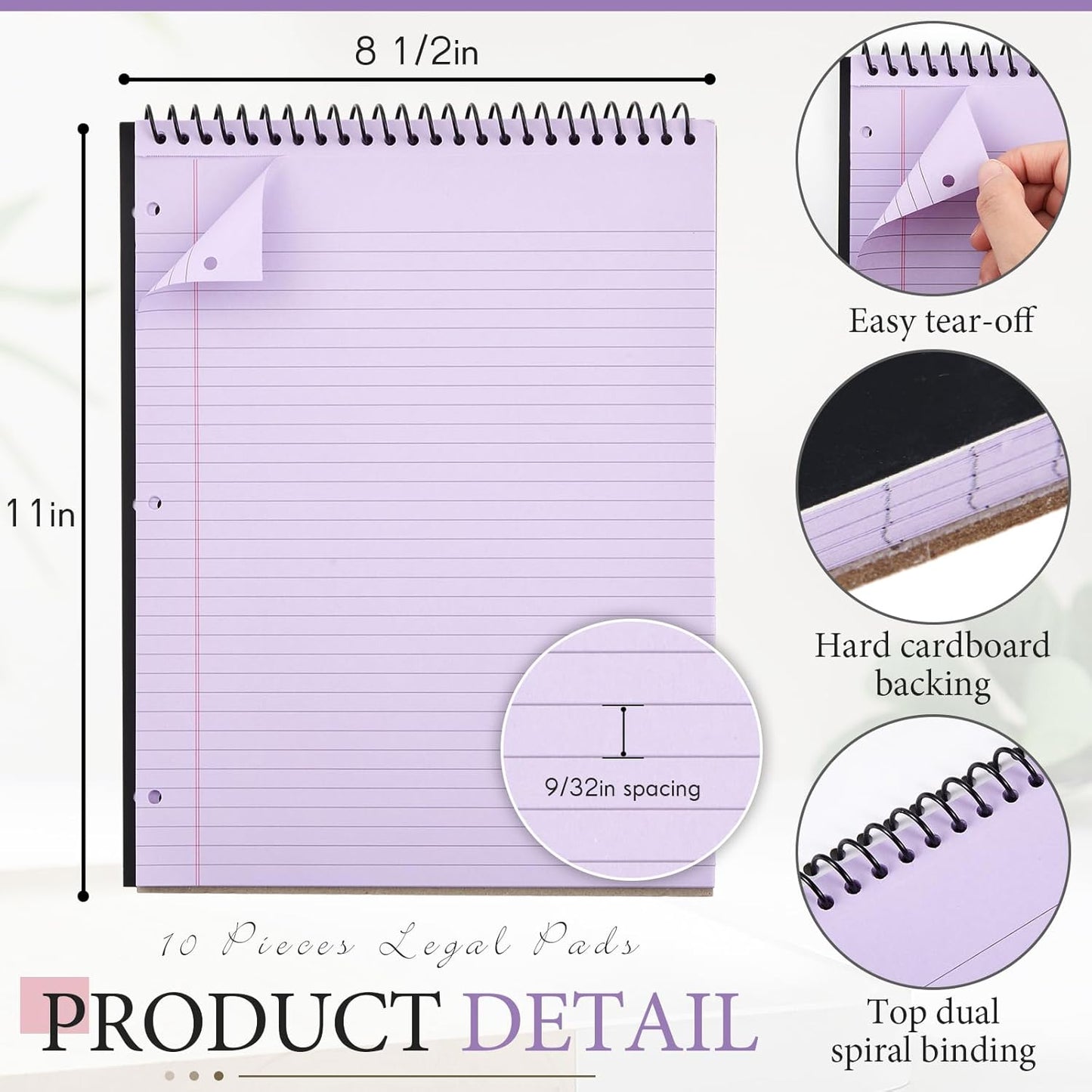 10 Packs 8.5" x 11" Top Spiral Notebook with 3 Hole Punched Legal Pads College Ruled Notepad 50 Sheets Hard Cardboard Paper Wirebound Notepad for Office School Business (Multicolor)