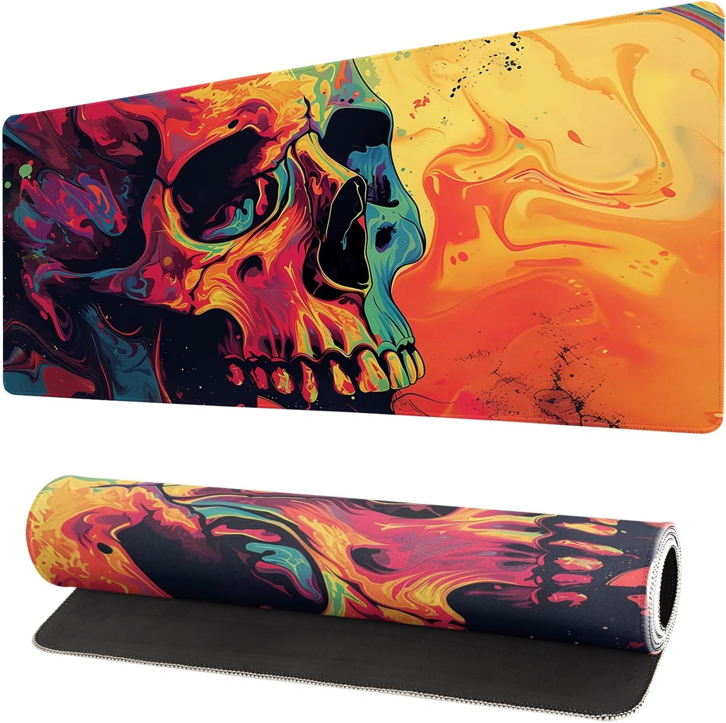 Gaming Mouse Pad Desk Pad,Extended Big Mouse Pad,31.5x11.8 Inch Long Computer Keyboard Mouse Mat Mousepad with 3mm Non-Slip Base and Stitched Edge for Gaming and Office… (Watercolor Skull)