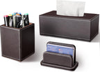 KINGFOM 3PCS/SET Desk Organizers and Accessories, Pu Leather Office Supplies Organization Set with Tissue Holder, Pencil Holder and Business Name Cards Stand Brown