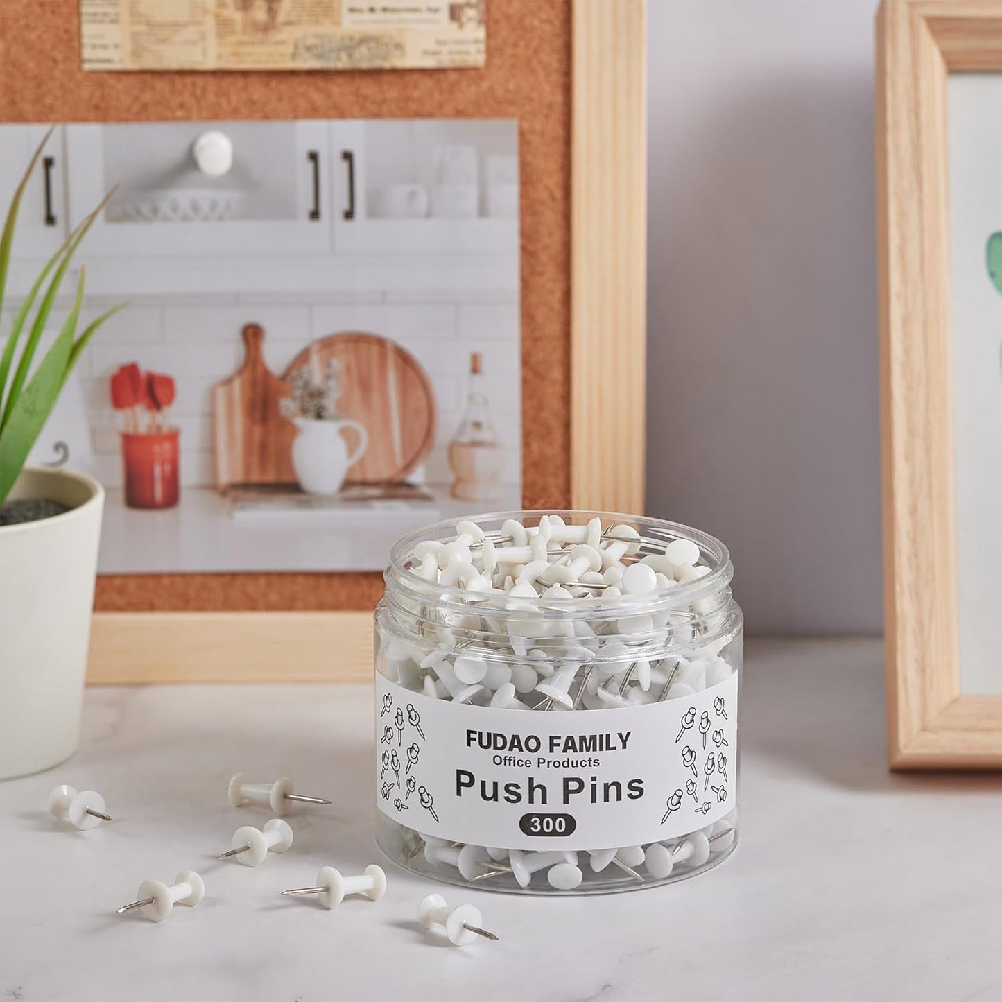 FUDAO FAMILY 300pcs Push Pins for Bulletin Board, Thumb Tacks for Wall Corkboard, Map Pins - Home Office Craft Projects Plastic Head Steel Push Pin (White)