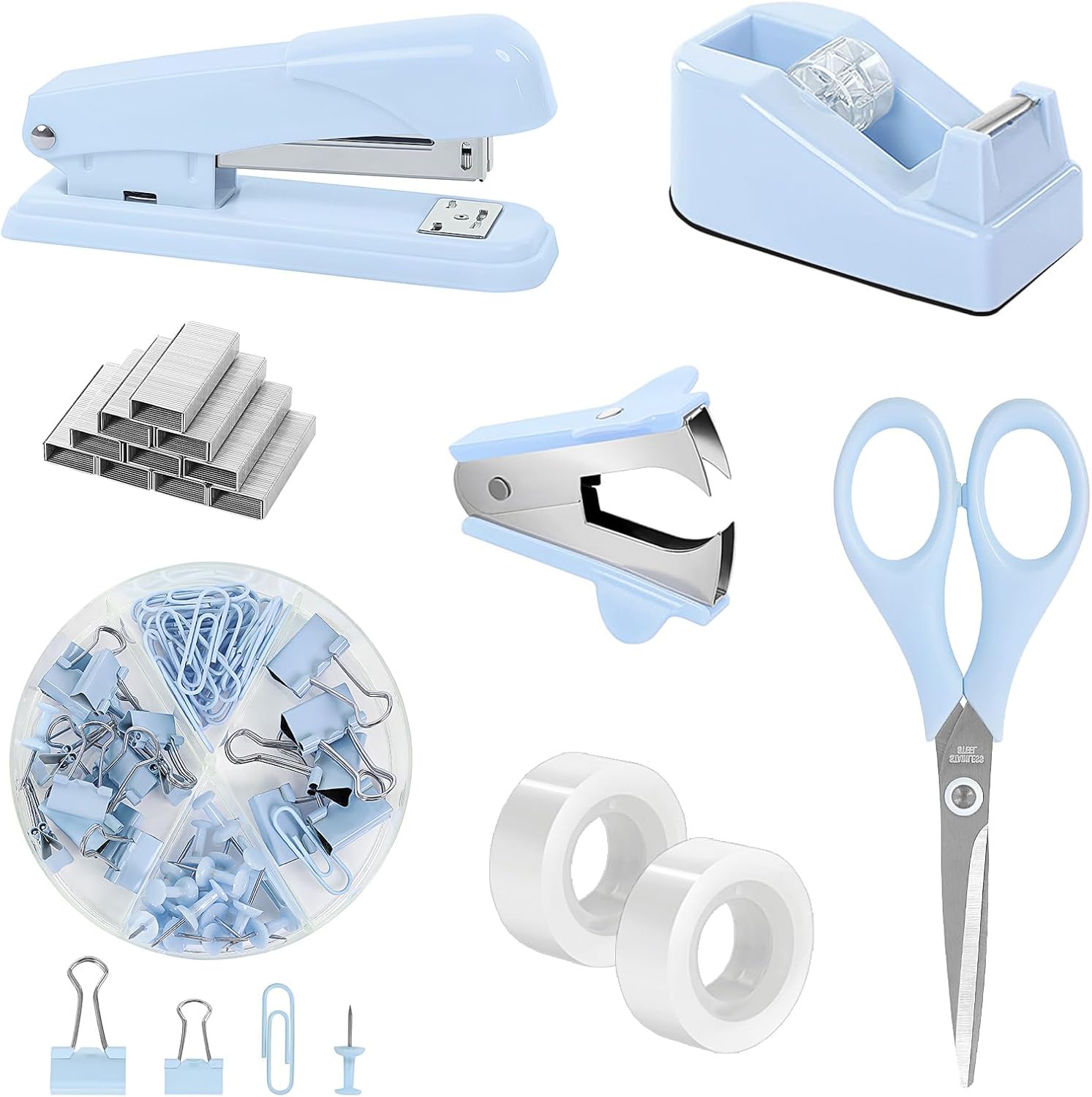 SKYDUE Blue Office Desk Accessories, Blue Office Supplies, Stapler, Tape Dispenser, Scissors, Clips and 1000pcs Staples,Desk Supplies for Women