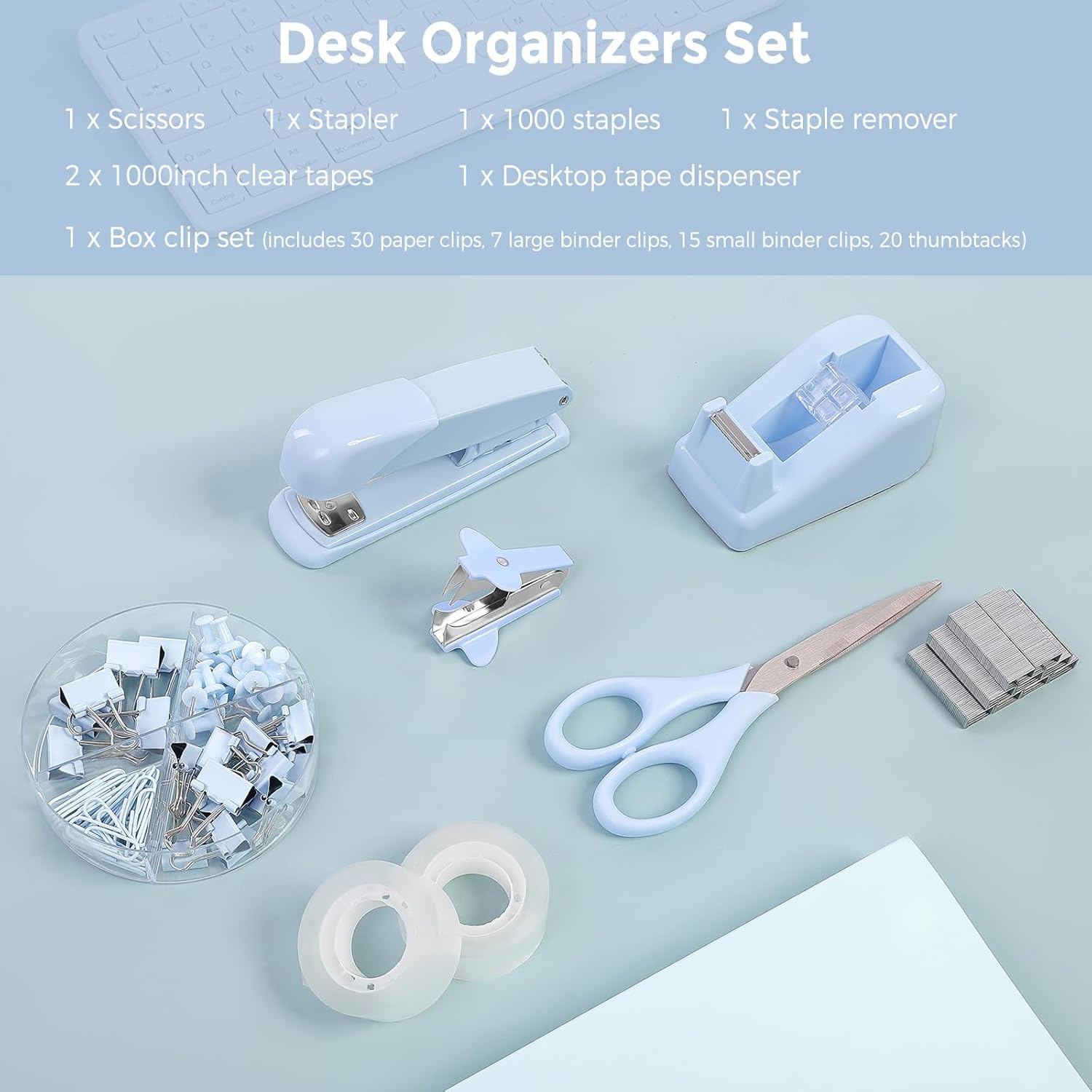 SKYDUE Blue Office Desk Accessories, Blue Office Supplies, Stapler, Tape Dispenser, Scissors, Clips and 1000pcs Staples,Desk Supplies for Women