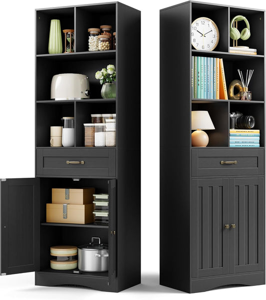 Gizoon 71'' Tall Storage Cabinet, Kitchen Pantry Cabinet with Doors & Drawers, Wooden Storage Organizer for Living Room, Office, Kitchen, with Adjustable Shelves, Anti-tip, Metal Handle, Black