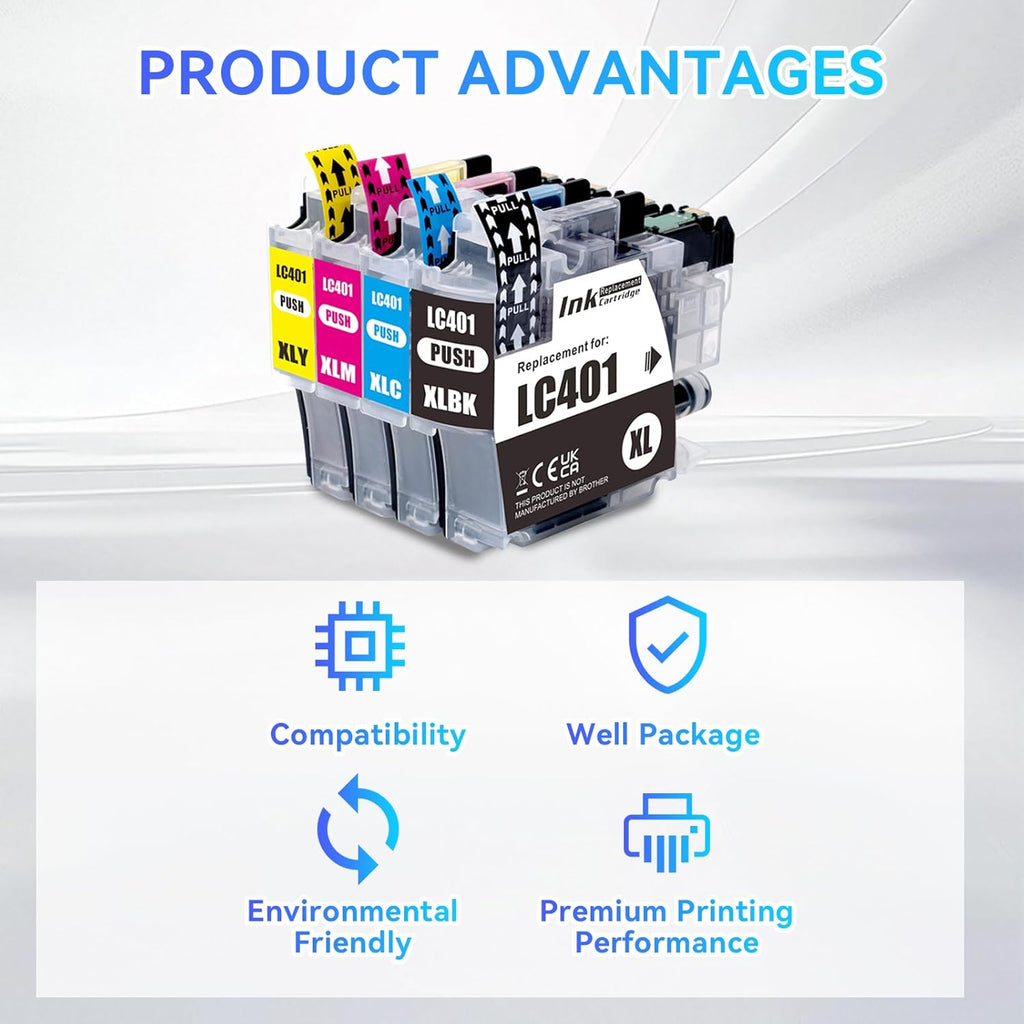 LC401XL Ink Cartridges for Brother Printer 4 Pack Work with Brother MFC-J1010DW MFC-J1012DW MFC-J1170DW Printer (1 Black, 1 Cyan, 1 Magenta, 1 Yellow)