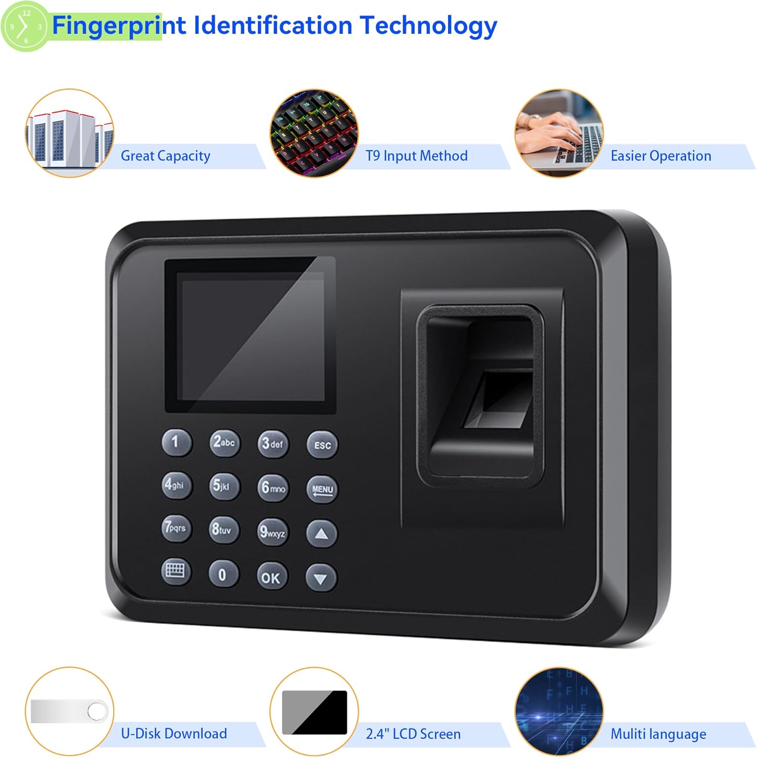 Fingerprint Time Clocks for Employees - Time Clock for Small Business Automatic Calculate Working Hours and Deduct Lunch Time, Punch and Power-off Protection with 8G USB Drive (0 Monthly Fee)
