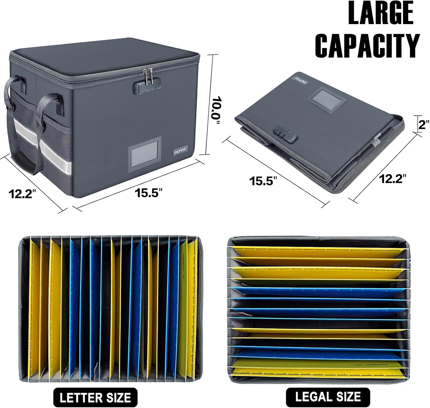 ENGPOW File Box with Lock, Fireproof Document Box with Pockets, Collapsible File Organizer Filing Storage Cabinet with Handle, Portable Home Office Safe for Hanging Letter/Legal Folders,Gray,2 Pack