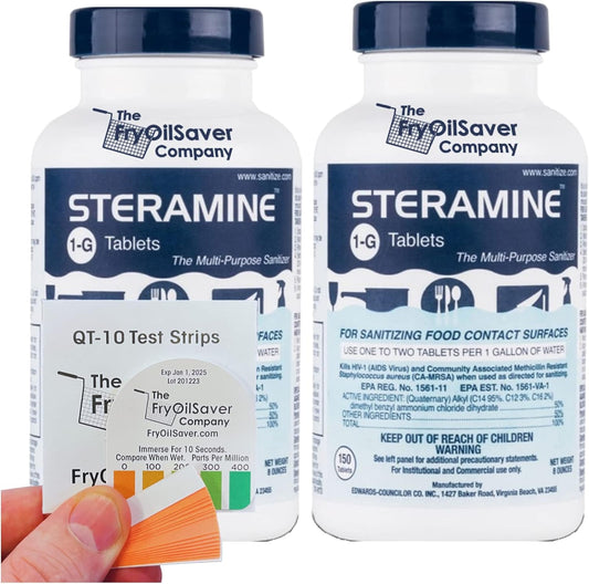 2 Bottles Steramine Sanitizer Tablet 15xQT-10 Test Strip, Multi Purpose Steramine Sanitizing Tab for Food Contact Surface Kitchen, Restaurant, Diner & Food Service by FryOilSaver Co. (300 Tablets)