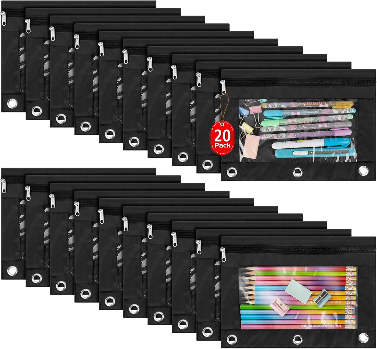 IKAYAS 20 Pack Black Pencil Pouch for 3 Ring Binder Colorful Pencil Pouch with Zipper Bulk, 3 Ring Binder Pencil Pouches Pencil Case Pencil Bags for Classroom Storing School Teacher Supplies