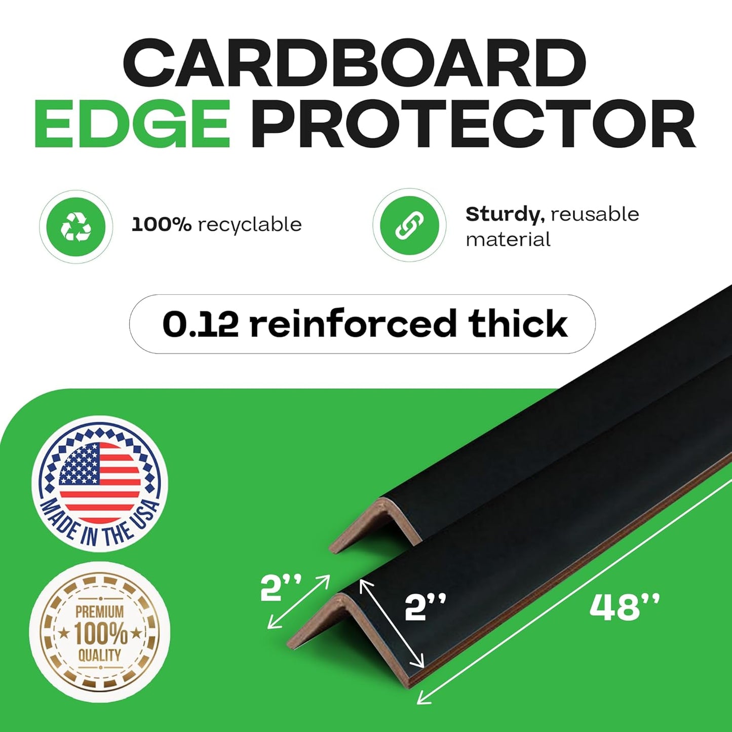 IDL Packaging 2” x 2” x 48” Black Cardboard Edge Protector (Pack of 200) - Corner Protectors for Shipping, Storage, & Moving – Reinforced Corner Guard Protection for Pallets, Wall Corners, & Furniture