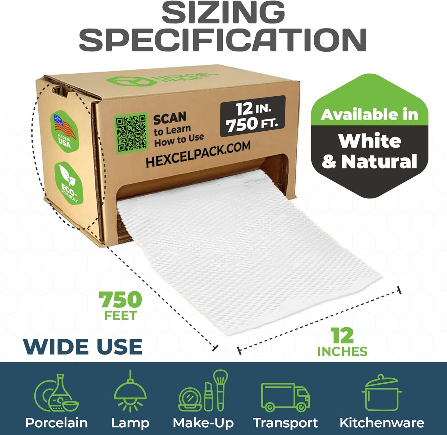 HexcelWrap Mini - Honeycomb Packing Paper, Eco-Friendly, Sustainable Paper Bubble Wrap for Shipping & Moving, Cushioned Packing Material in Easy Self-Dispenser Box - White, 12" x 750'