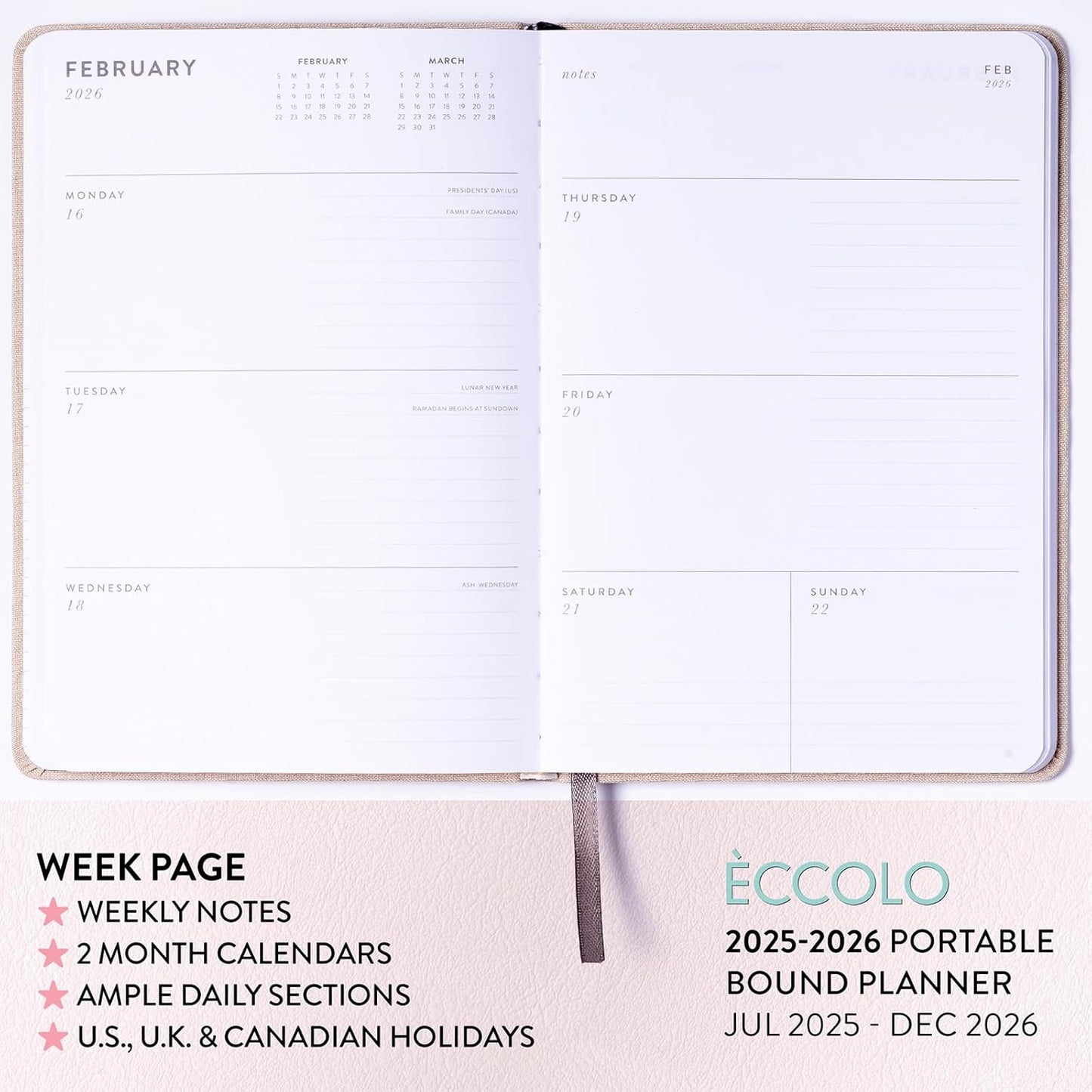 2025-2026 Eccolo 18 Month Linen Bound Planner, Monthly & Weekly Pages (5.25 x 7.75" - July 2025 to Dec 2026 - Delicate Floral)
