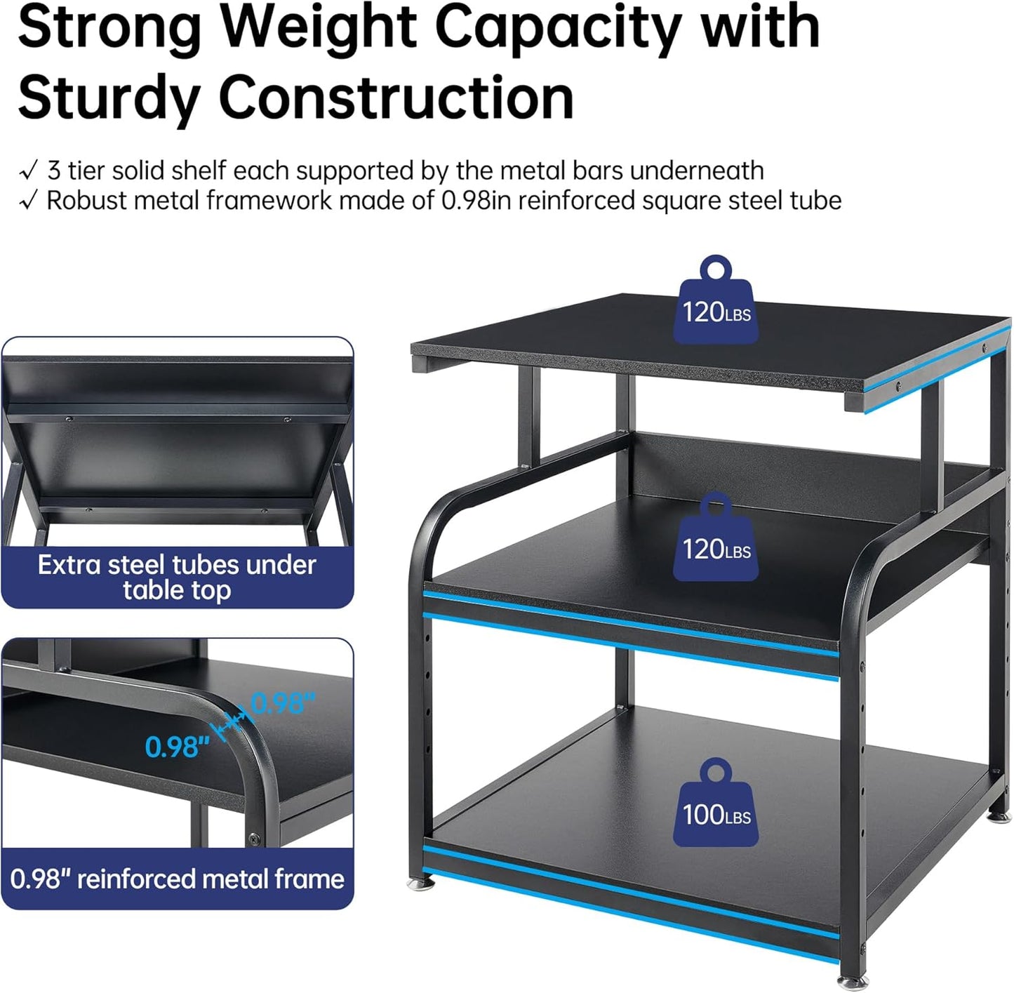 25.6" x 23.6" Extra Large Printer Stand Table with Adjustable Storage Shelf, 3 Tier Rolling Printer Cart with Industrial Wheels for Home Office, Black
