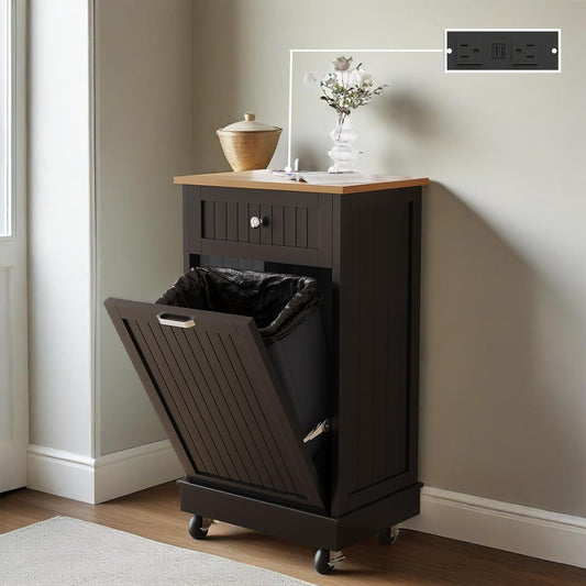 10 Gallon Tilt Out Trash Cabinet, Wooden Kitchen Trash Can Cabinet with Hideaway Drawer, Freestanding Laundry Hamper Garbage Recycling Cabinet on Wheels, Pet Proof, Single, Black