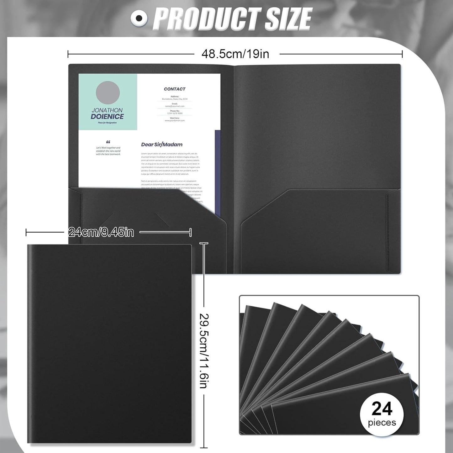 Gueevin 24 Pcs Plastic Folders with Pockets, Back to School Two Pocket Folder Fit Letter Size, Heavy Duty School Business Card Holder for Home Office, 11. 61 x 9. 45 Inches (Black)