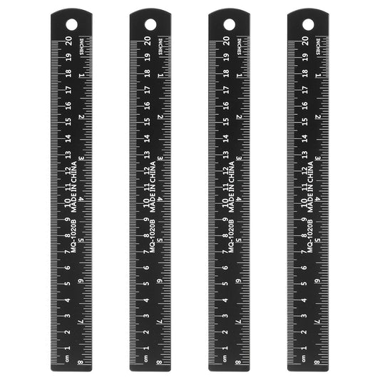 HARFINGTON 4pcs Metal Straight Ruler 20cm Metric SAE Aluminum Alloy Measuring Rulers Scale Tool with Hole for Measure Study Reading Classroom Office, Black
