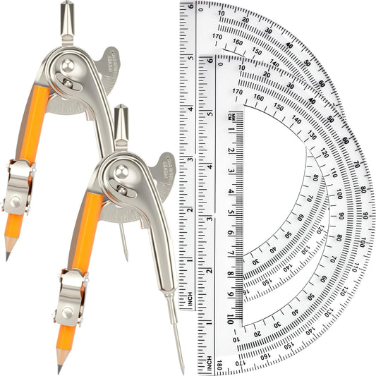 4 Pack Geometry Tool Set, Math Compass for Geometry and 6 Inch Protractor Set Include Metal Compass with Pencil and Clear Plastic Protractor for Student Classroom Office Woodworking Art Drawing