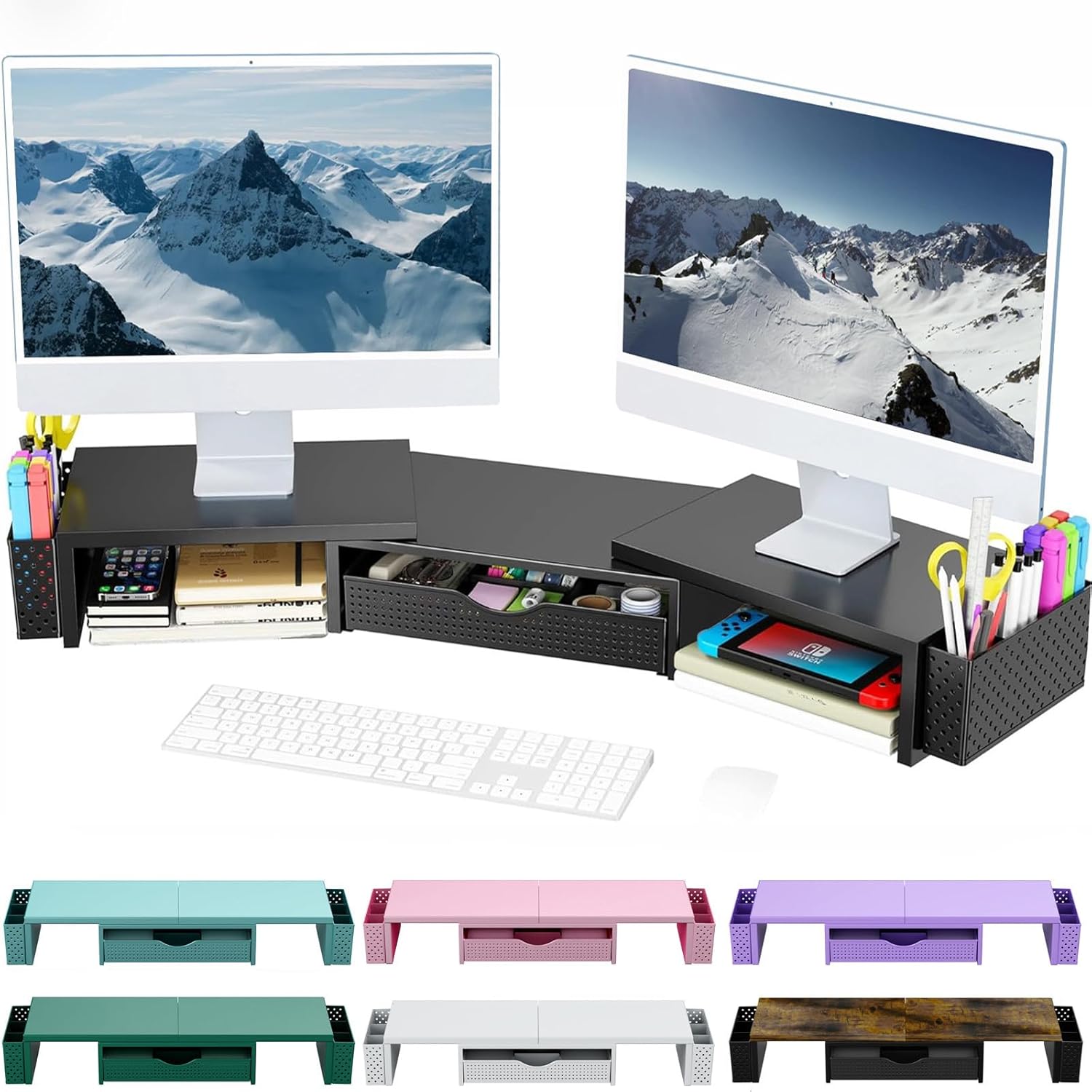 Spacrea Metal Desk Organizers and Accessories, Dual Monitor Stand Riser with Drawer and 2 Pen Holders, Desk Accessories & Workspace Desktop Organizers for Office Supplies (Black)