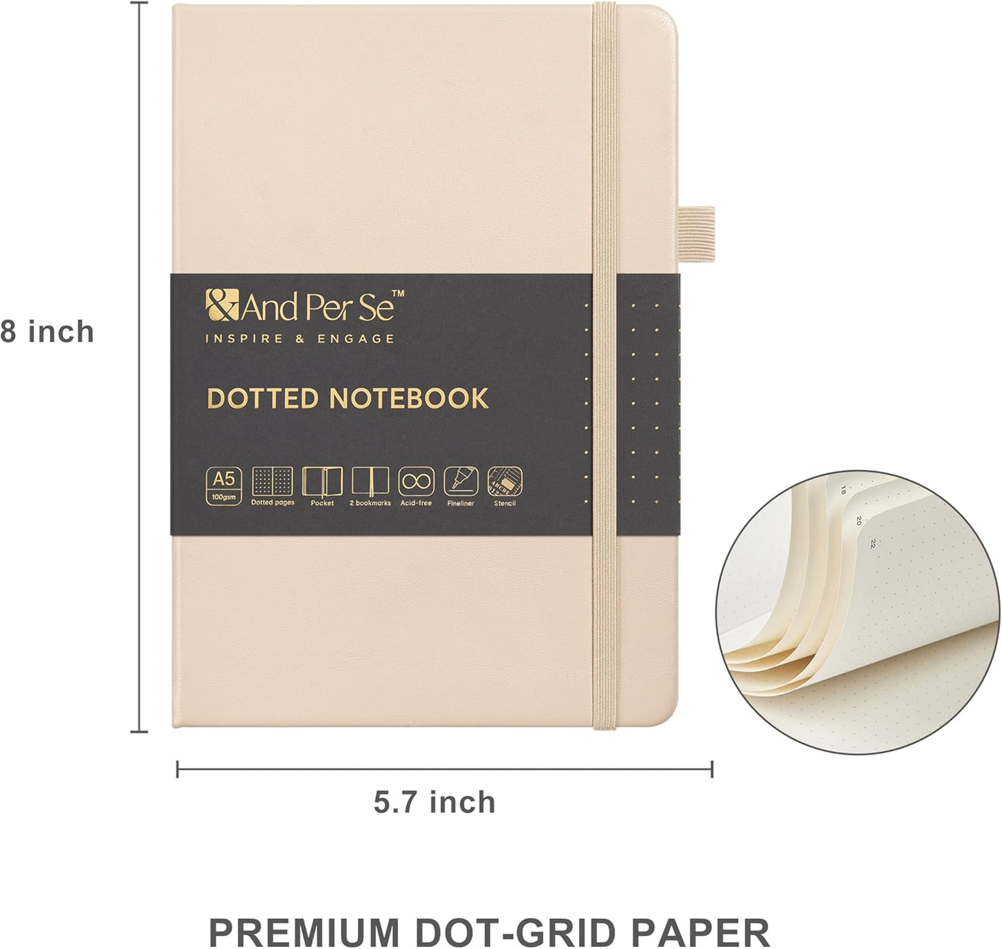&And Per Se Dotted Journal Notebook Set, A5 Hardcover Dotted Journal (Light Apricot), 6 Fineliner Pens, 8 Sticker, 5 Stencil Sheets & 6 Washi Tapes, Journaling Supplies for Planner Schedule