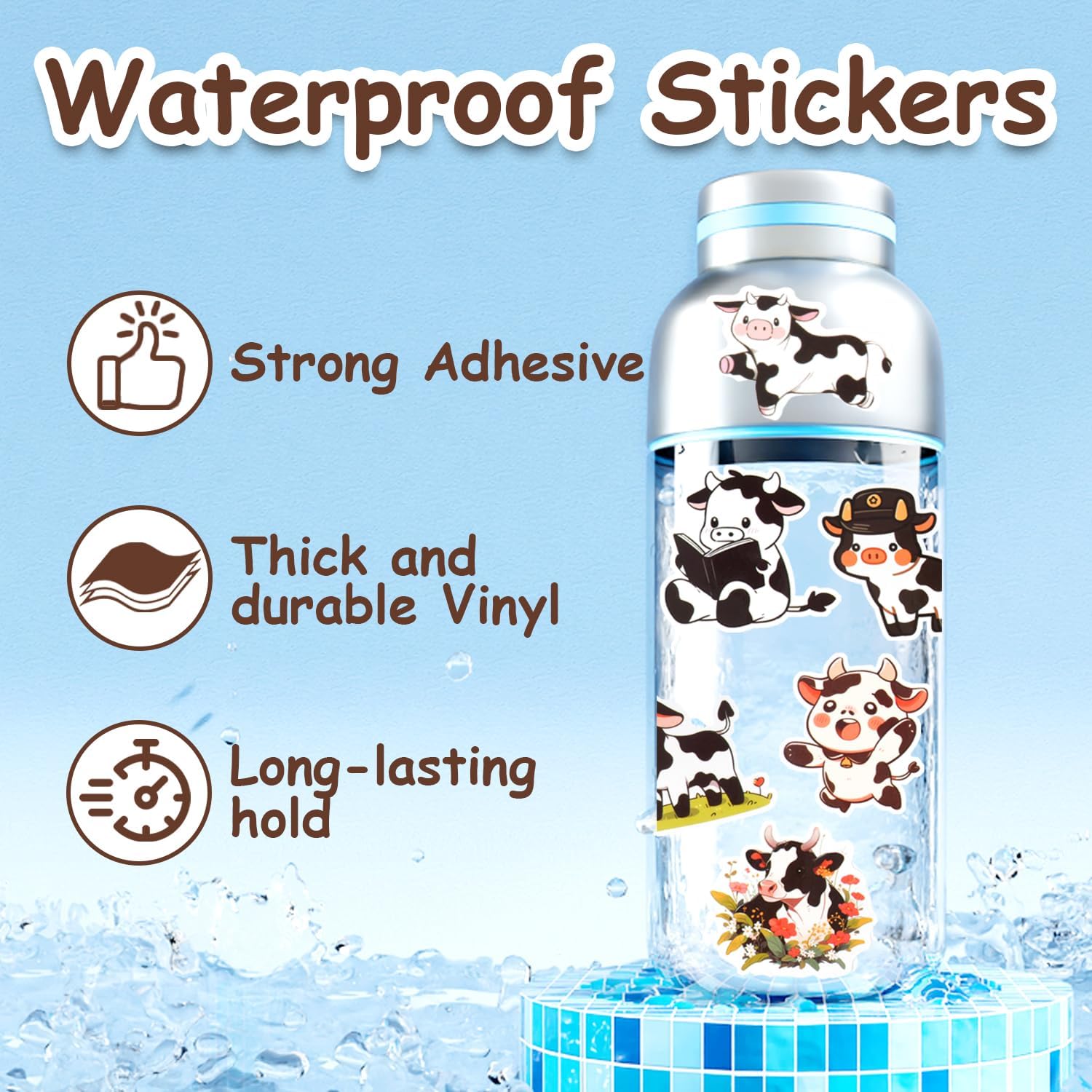 Aowplc 50 PCS Cow Stickers - Cute Cow Stuff & Gifts - Waterproof Vinyl Decals for Water Bottles, Laptop