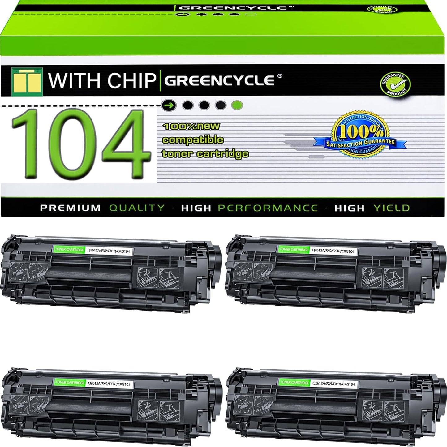 greencycle Compatible Toner Cartridge Replacement for Canon 104 FX9 FX10 FX-10 FX-9 104 ImageClass MF4100 MF4150 MF4270 MF4350d MF4370dn MF4380dn D420 D480 (Black,4 Pack)