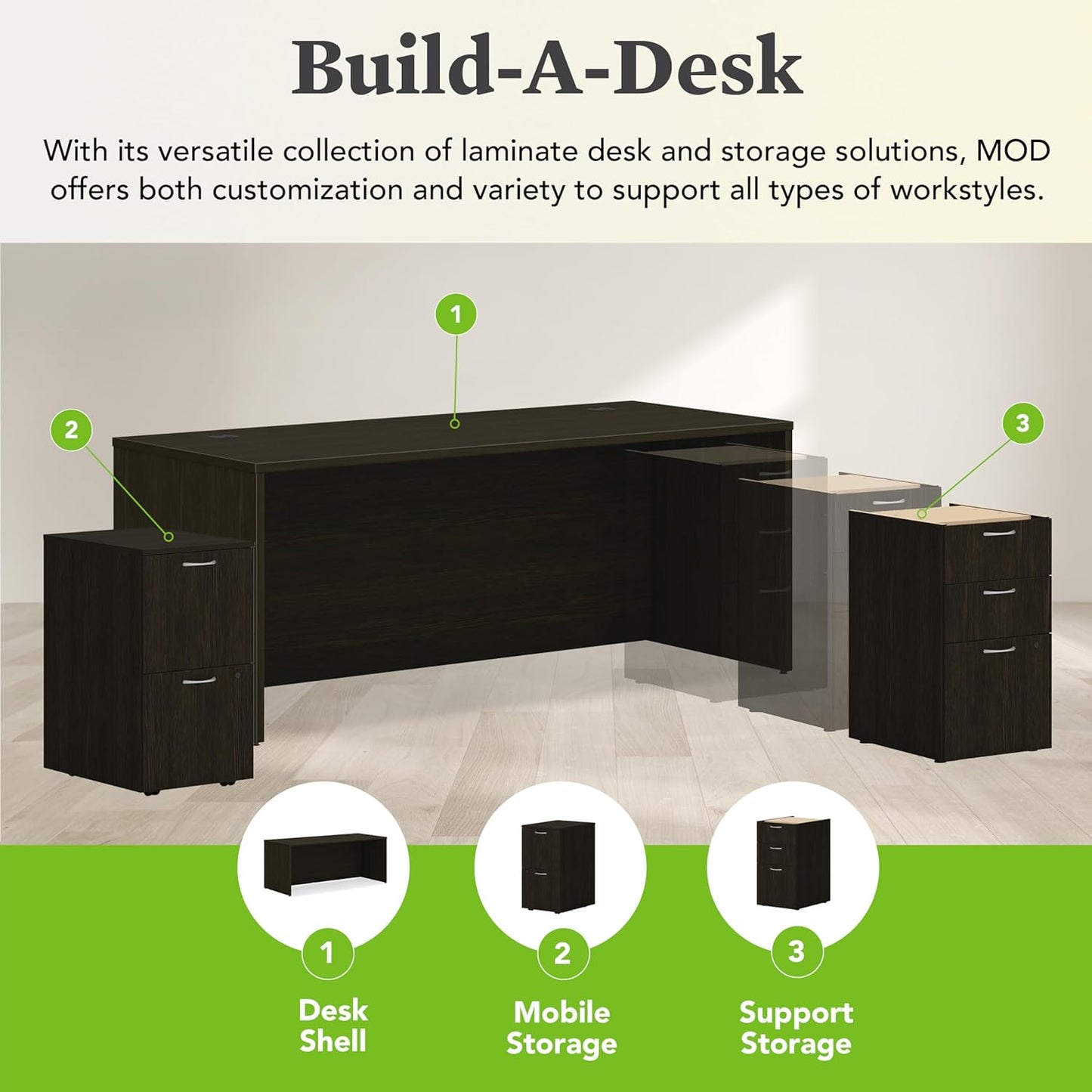 HON MOD Executive Desk 72-Inch Large Computer Desk Shell, Thick Wooden Laminate, Modern Table with Cord Management, 72" W x 30" D x 29" H, Java Oak