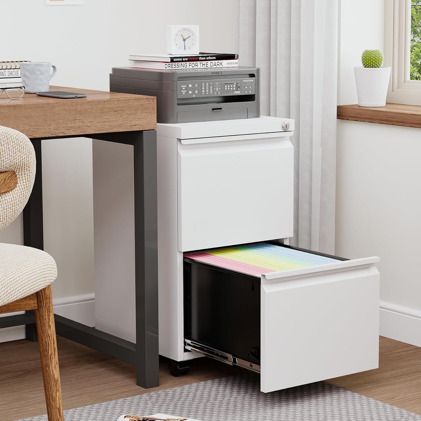 2 Drawers File Cabinet with Lock Metal Vertical File Cabient with Wheels Mobile File Cabinet for Office Home Legal/Letter/a4 Size Require Assembly (White, 2 Drawers)