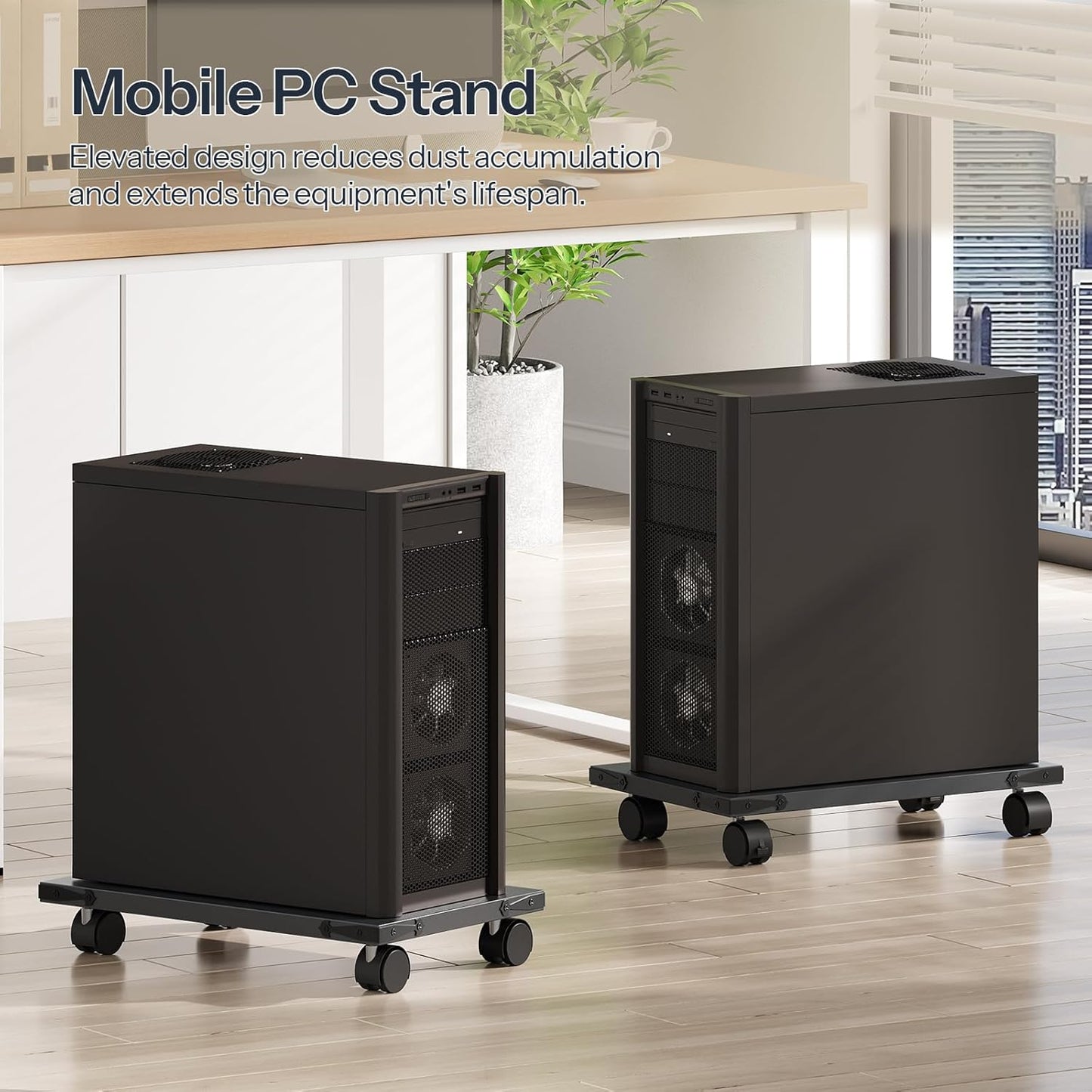 HOOBRO Mobile PC Stand, Ventilated Computer Tower Stand, PC Tower Holder with 4 Caster Wheels, CPU Holder Under Desk Fits Most Computer Host, for Office, Gamers, Black BB46CJ01