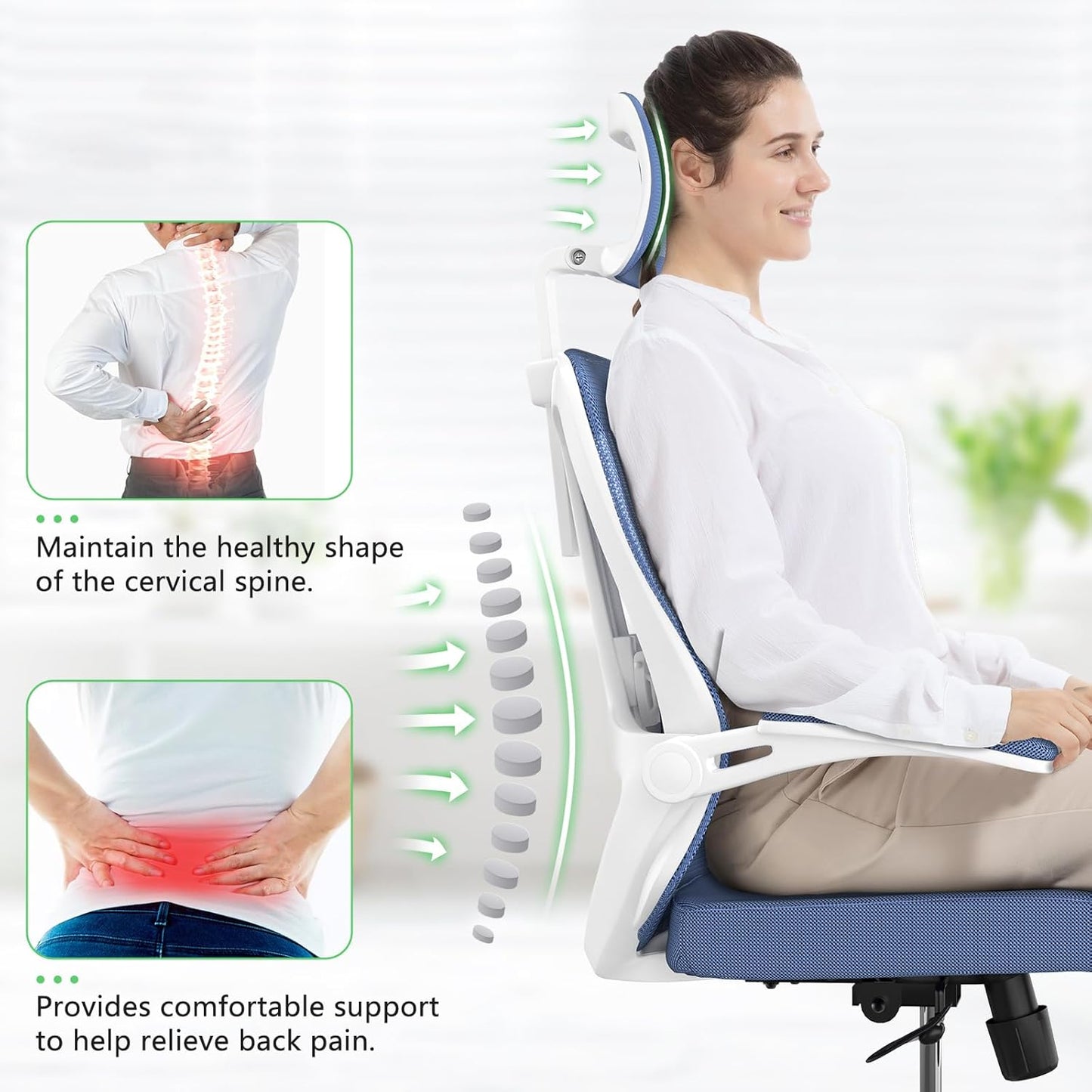 Home Office Chair,Ergonomic Big and Tall Office Desk Chair with Flip-up Arms/Headrest/Adjustable Lumbar Support/Tilt Function/450 lbs Heavy Duty Office Chair-Mesh （Blue）