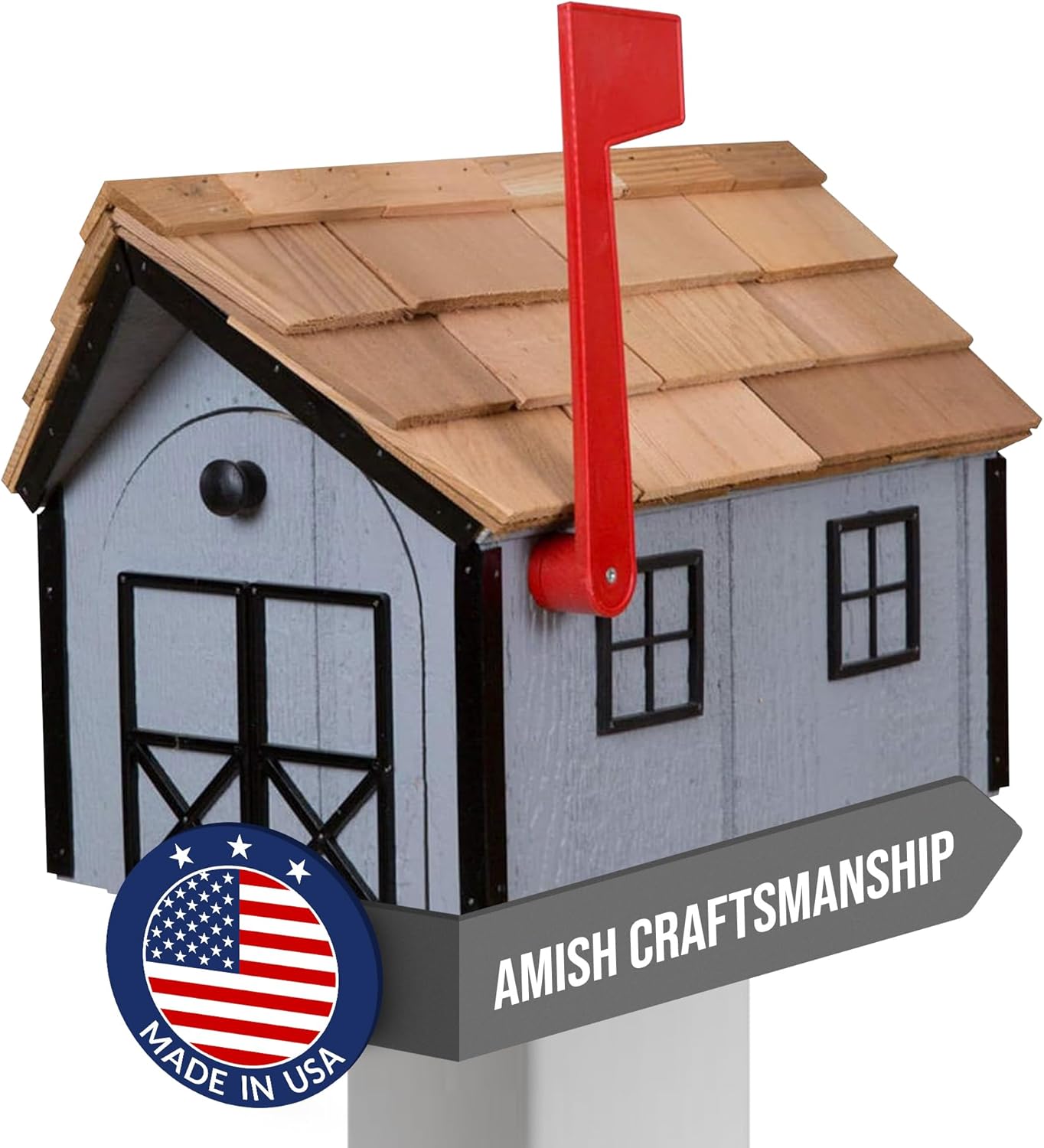 Peaceful Classics Amish Cedar Roof Wooden Mailbox with Window & Door Trim, Handcrafted Mailboxes for Outside, Post Mount Residential Mailboxes - (Gray with Black Trim)