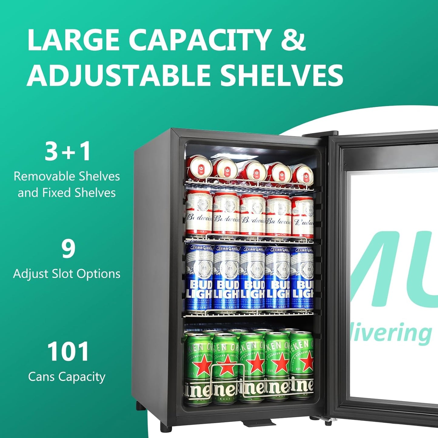 101 Cans Compressor Beverage Refrigerator, 17 Inch Drink Fridge with Glass Door, Adjustable Removable Shelves, Quiet Operation, Temp Memory, Beer Cooler for Soda, Beer, Water, Home Bar, Office