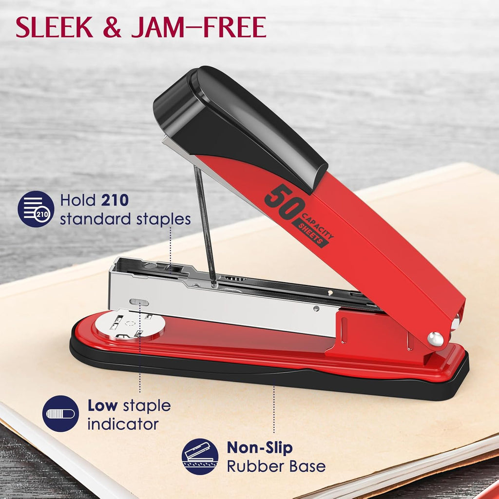 Metal Stapler Heavy Duty 50 Sheet Capacity with 1750 Staples and Staple Remover, Full Strip Staplers for Desk, No Jam, Non-Slip for Office & Classroom, Red
