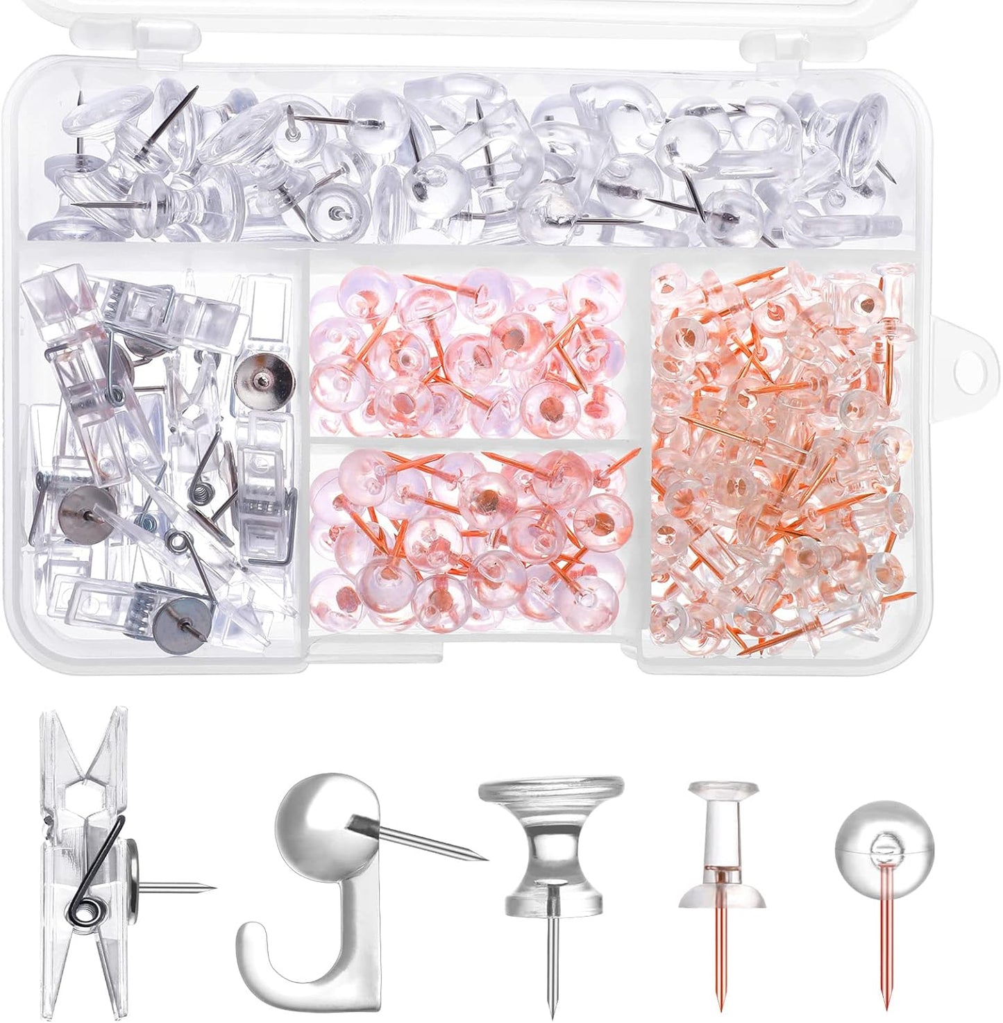 200 Pieces Push Pins Set, 5 Types Clear Thumb Tacks Push Pins for Wall Cork Board Bulletin Boards with Storage Box
