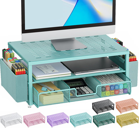 gianotter Desk Organizers and Accessories, Monitor Stand with Drawer and 2 Pen Holder, Desktop Organizer Suitable for Offices and Dormitories (Blue)