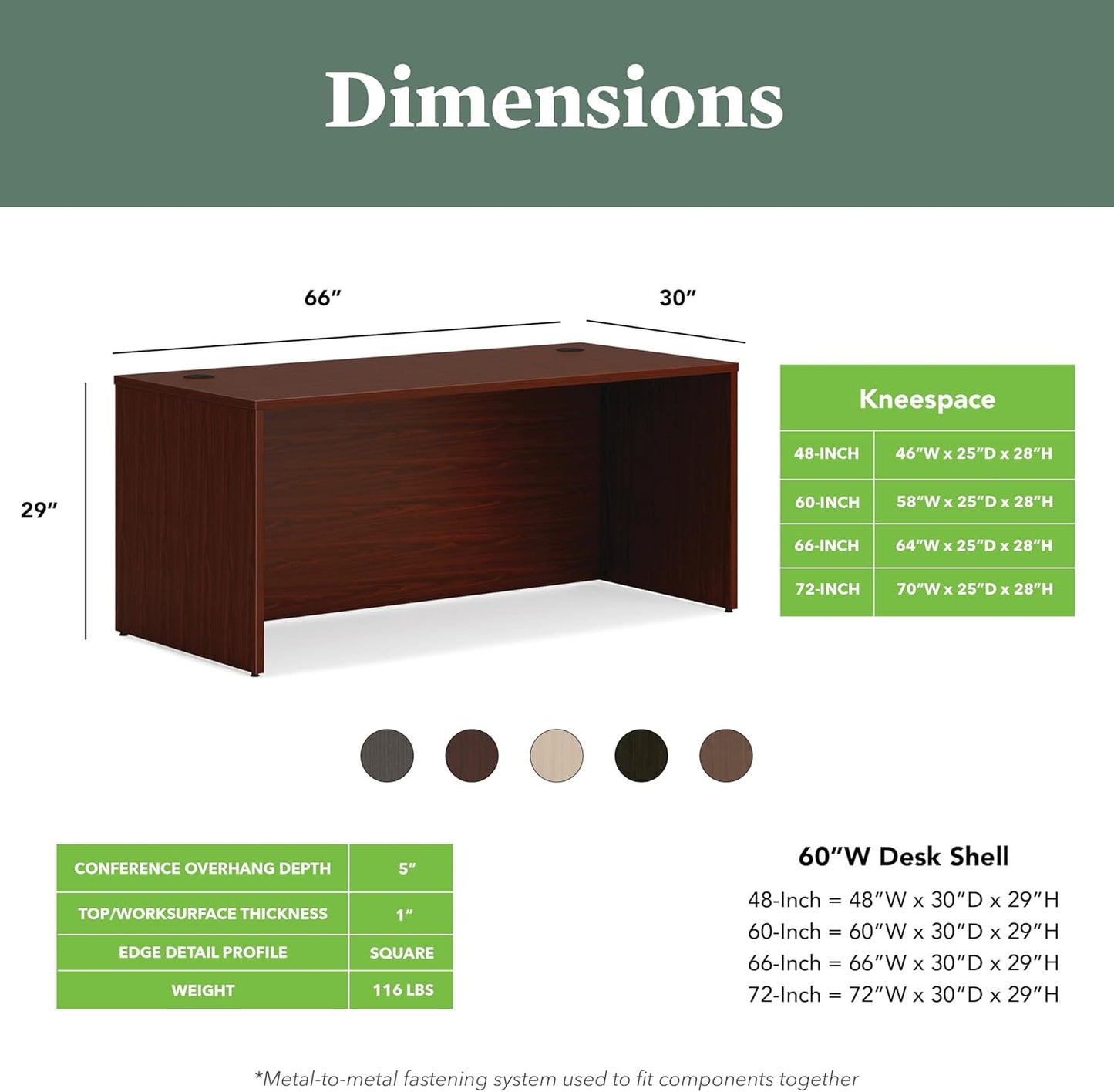HON MOD Executive Desk 66-Inch Large Computer Desk Shell, Thick Wooden Laminate, Modern Table with Cord Management, 66" W x 30" D x 29" H, Traditional Mahogany