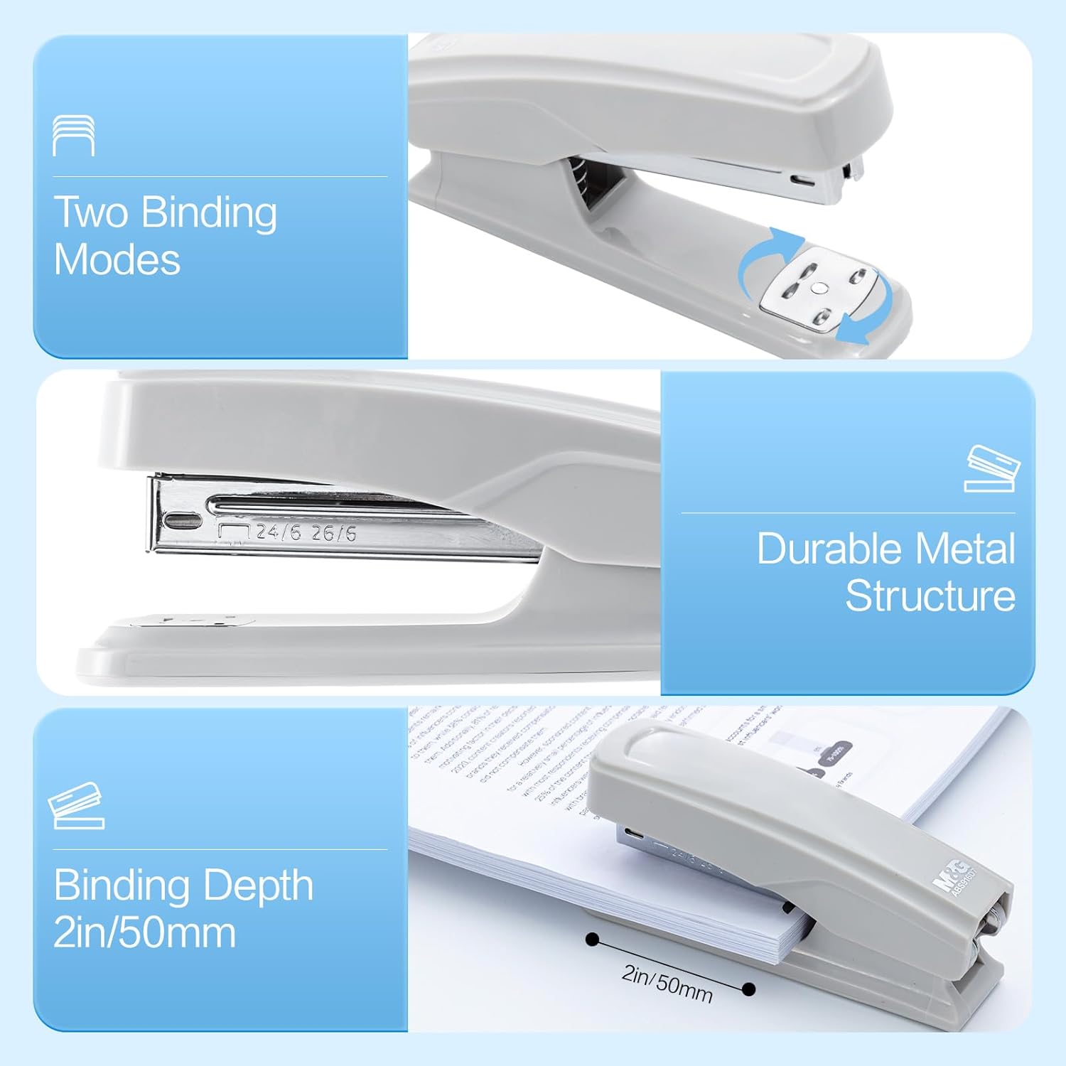 M&G Desktop Stapler with 25 Sheet Capacity, Two Binding Modes, Basic Stapler Set with 1000 Staples and Remover, Durable Staplers for Office School Home (Grey)