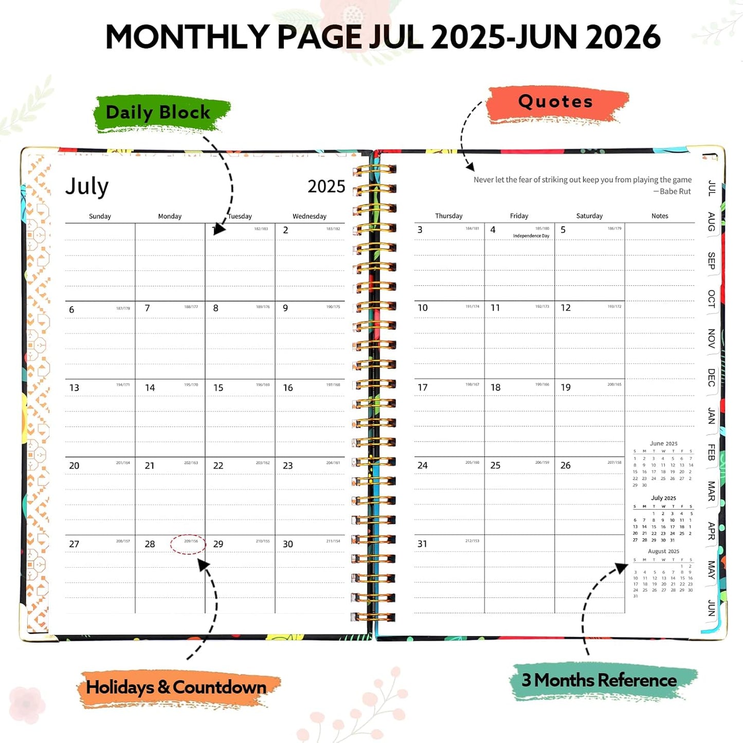 2025-2026 Academic Planner, A5 (6.5" x 8.5") Weekly and Monthly Planner, July 2025 -June 2026, Calendar Planner with Tabs, Inner Pocket for Home School Office Supplies, Black Flower