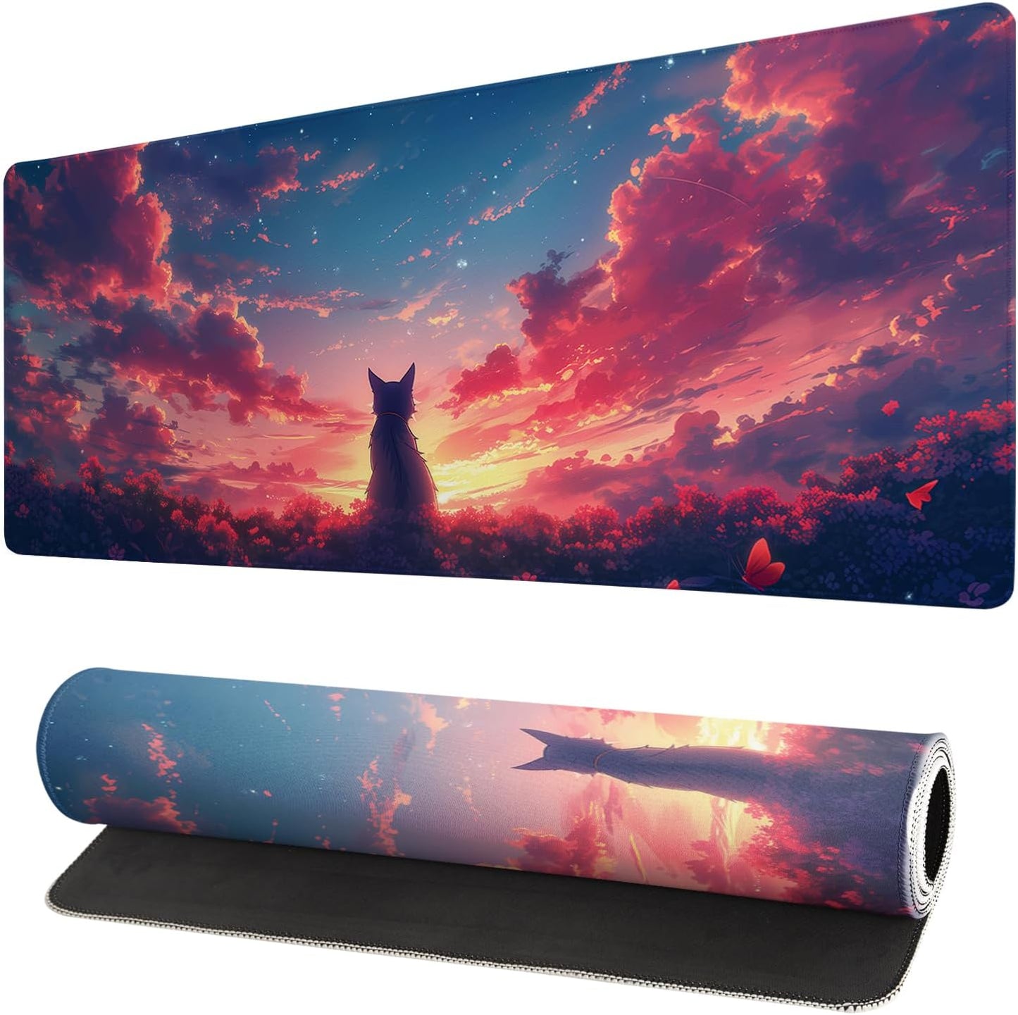 Gaming Mouse Pad Desk Pad,Extended Big Mouse Pad,31.5x11.8 Inch Long Computer Keyboard Mouse Mat Mousepad with 3mm Non-Slip Base and Stitched Edge for Gaming and Office… (Sunset Cat)