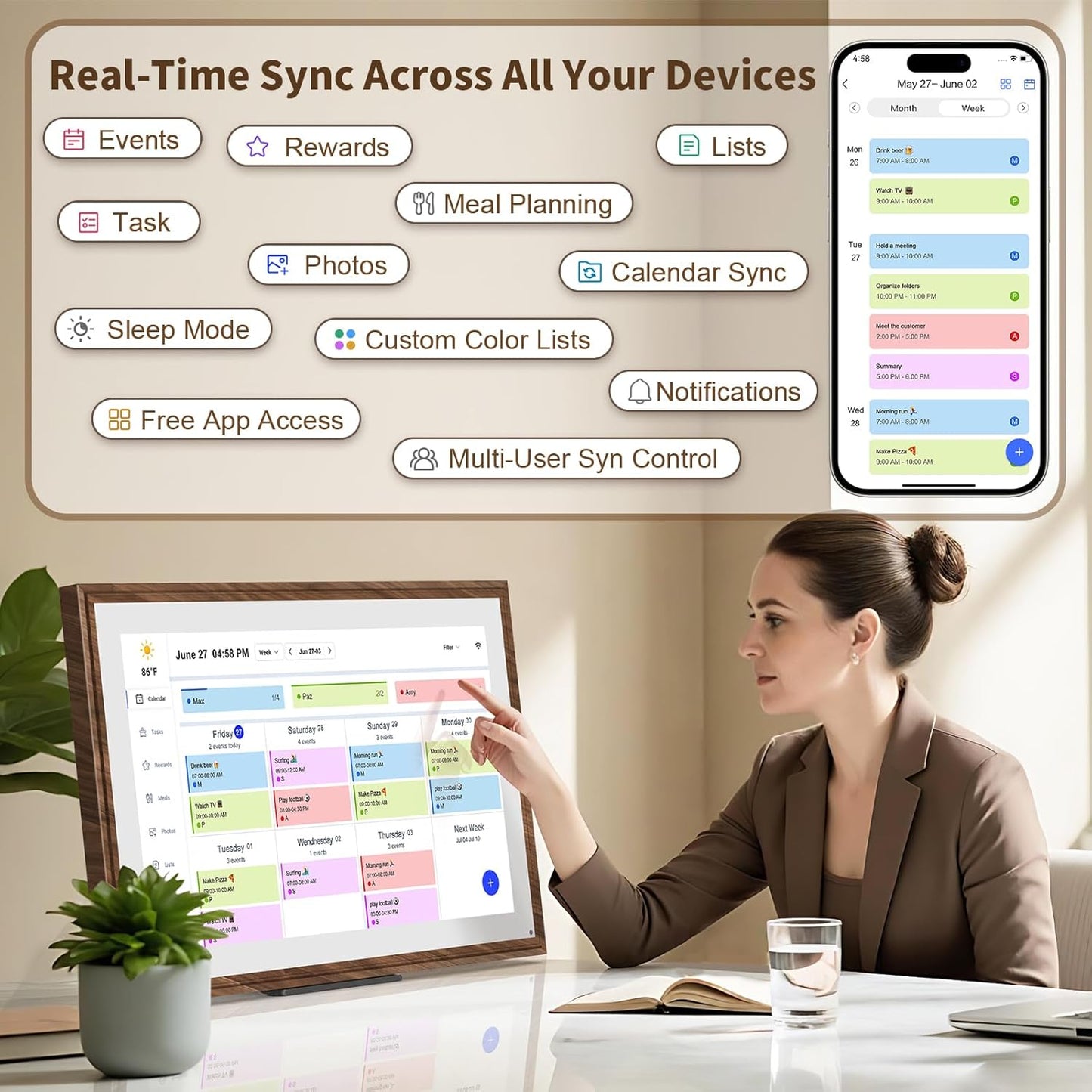 15.6 Inch Digital Calendar Chore Chart with Touchscreen - Full HD Interactive Display, Wall & Desk Mountable Family Planner, To-Do List & Meal Planner, Ideal for Home Organization & 2025 Scheduling