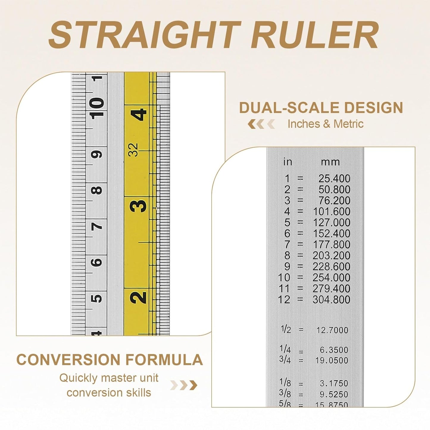 HARFINGTON 6pcs Metal Straight Ruler 20cm Metric SAE Aluminum Alloy Measuring Rulers Scale Tool with Hole for Measure Study Reading Classroom Office, Yellow
