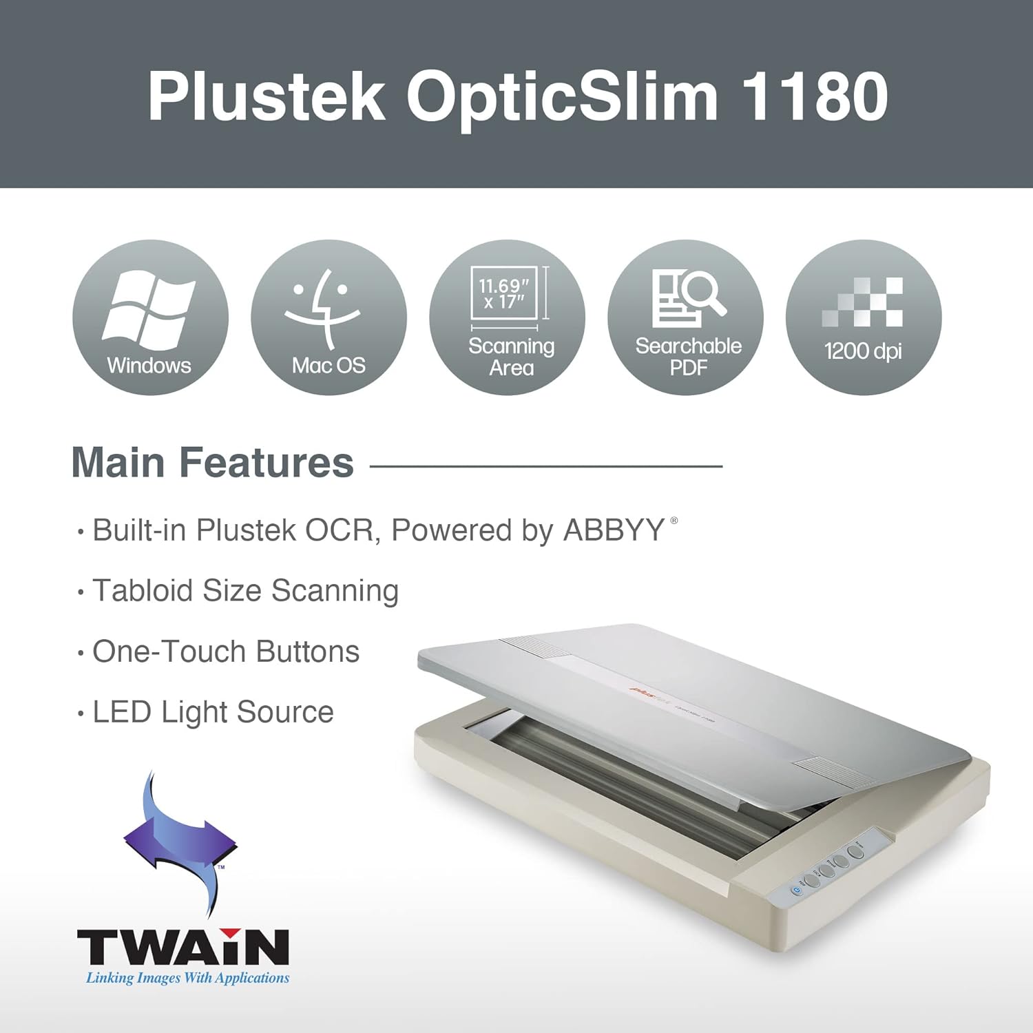 Plustek OS1180 - Flat Scanner for Graphics and Documents in A3 Format, Design Suitable for Libraries, Schools or Small Offices - Scanning A3 Documents in Approximately 9 Seconds
