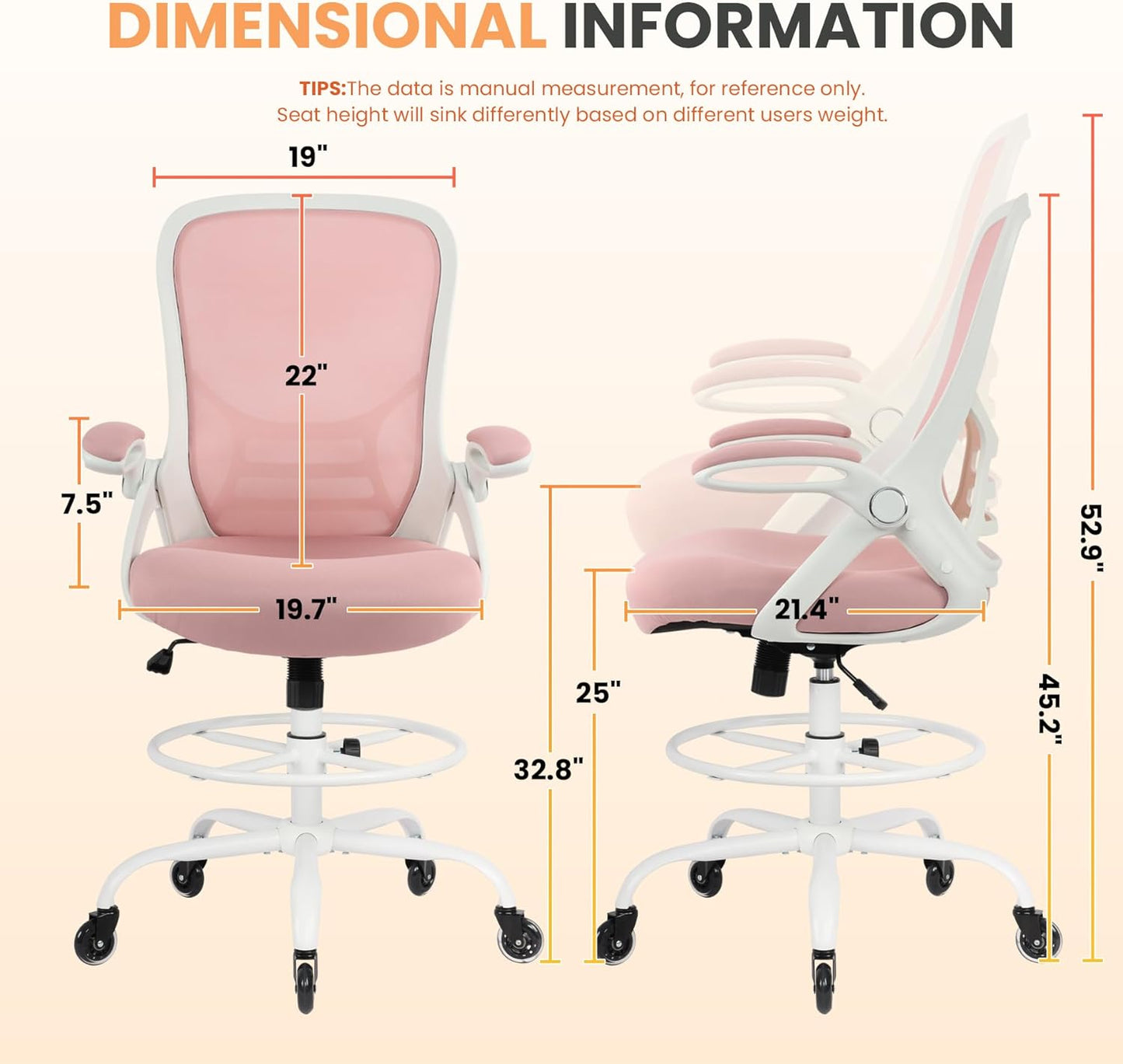 HYLONE Drafting Chair Tall Office, Ergonomic Standing Desk Stool Adjustable Drafting Chair Big Tall Drafting Office Chair Pink