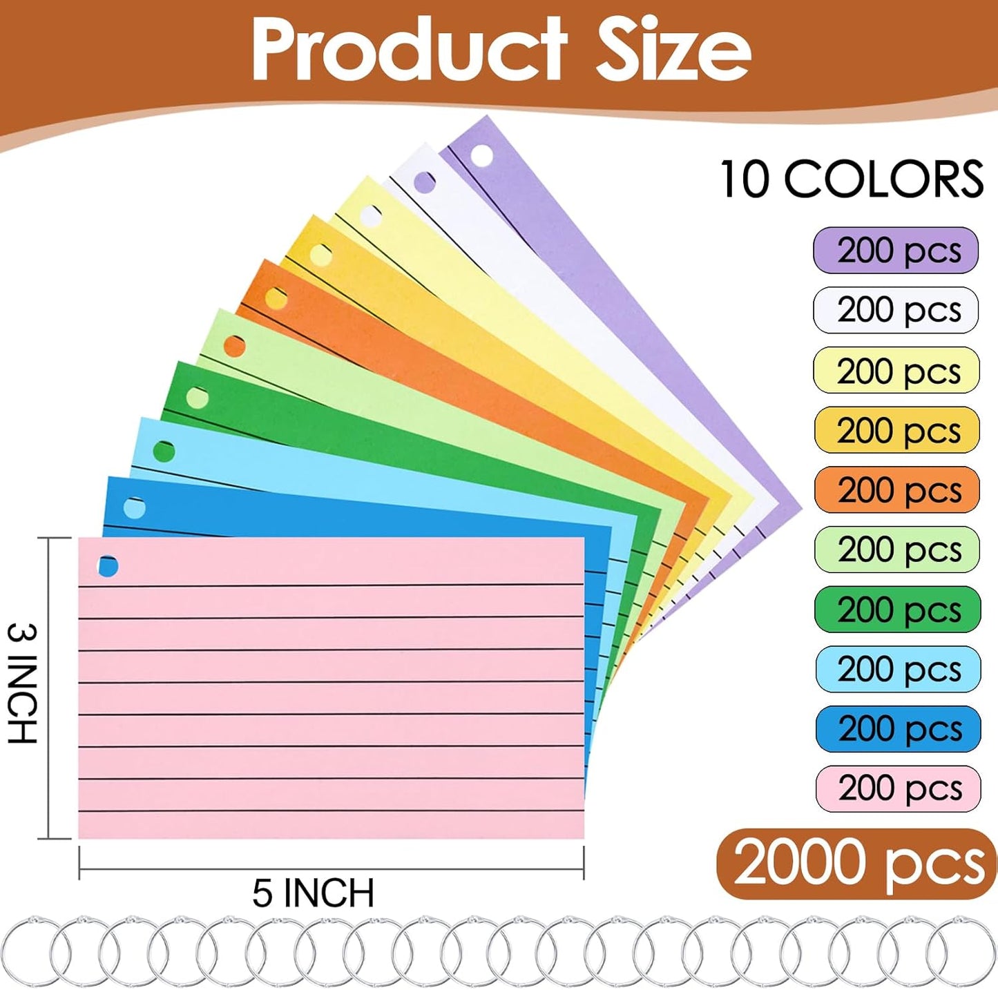 2000 PCS Index Cards 3x5 Inches Colored Flash Cards with Ring Lined Flashcards Ruled Index Cards Notecards Study Cards Note Cards for Studying Learning School College, 10 Colors