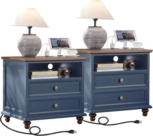 24" Wide Farmhouse Nightstand Set of 2 with Charging Station,End Table with 2 Drawers,Blue Wood Dresser for Bedroom Cabinet, Bed Side Table Chest of Drawers, Night Stand for Living Room, Closet